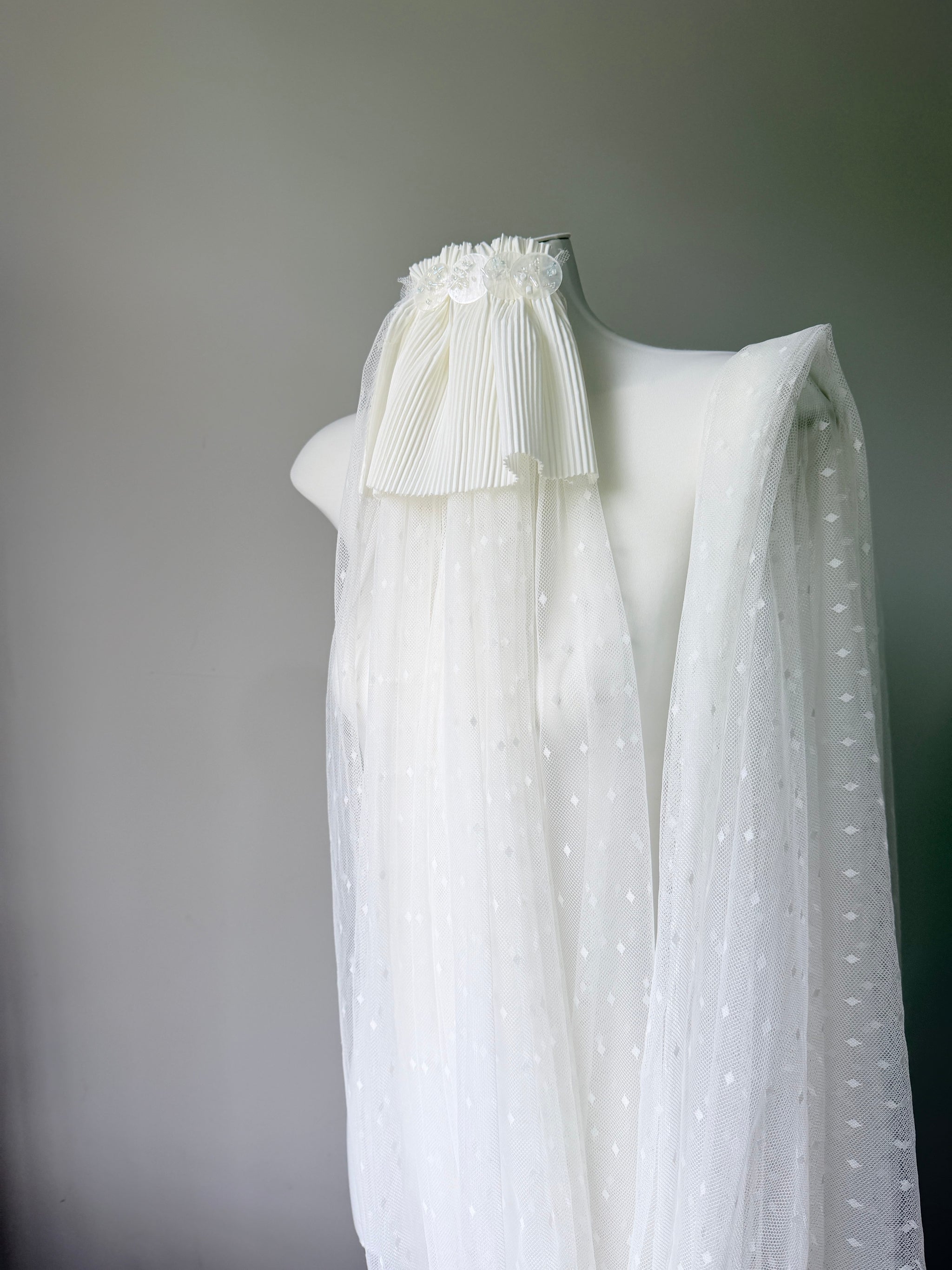 Romantic Swiss Dot Wedding Veil - French Pleated Ribbon Bow Bridal Veil, Vintage Sheer Dotted Tulle Long Train Veil with Shimmering Disc Accent LUNA-X356