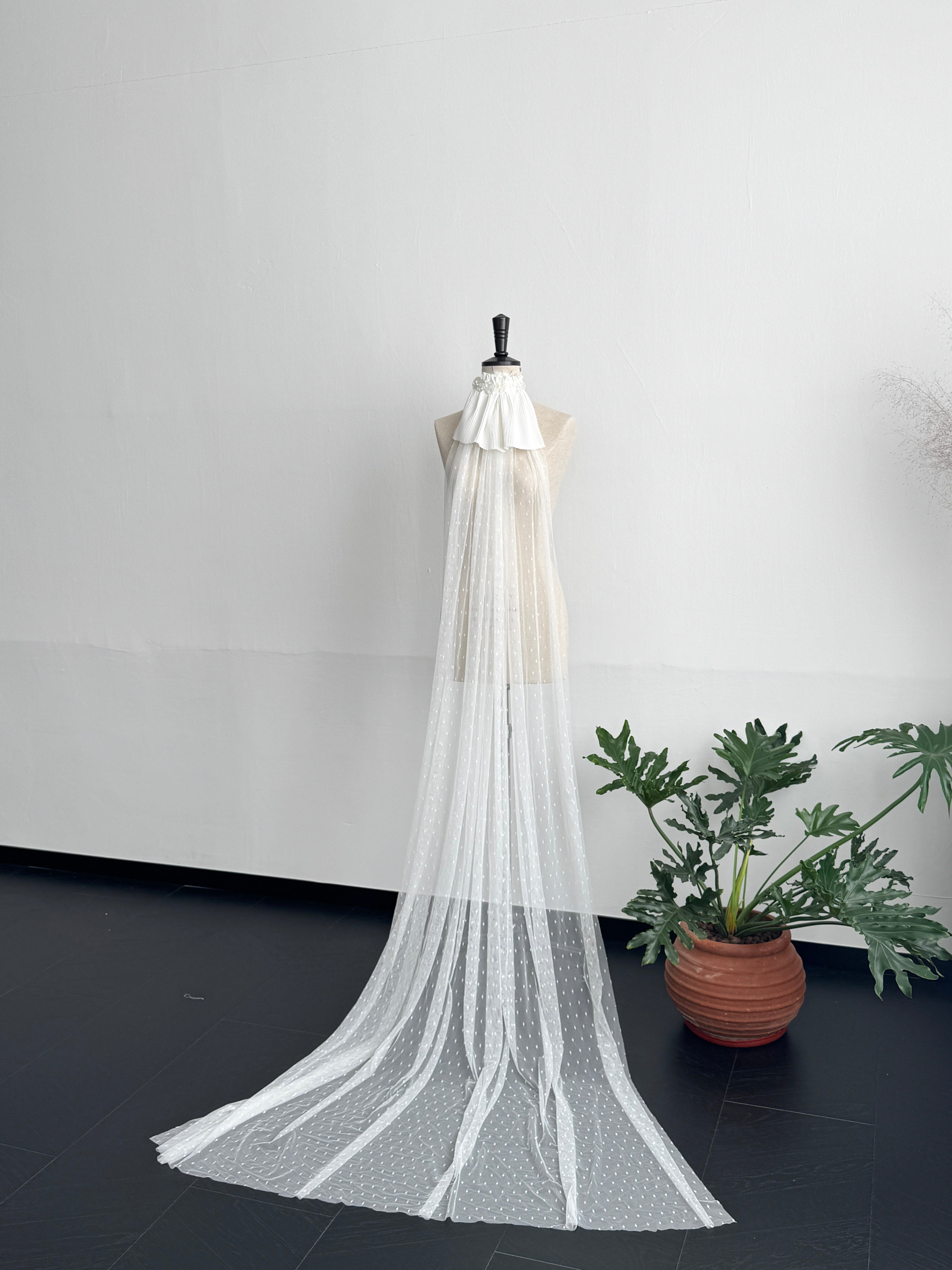 Romantic Swiss Dot Wedding Veil - French Pleated Ribbon Bow Bridal Veil, Vintage Sheer Dotted Tulle Long Train Veil with Shimmering Disc Accent LUNA-X356