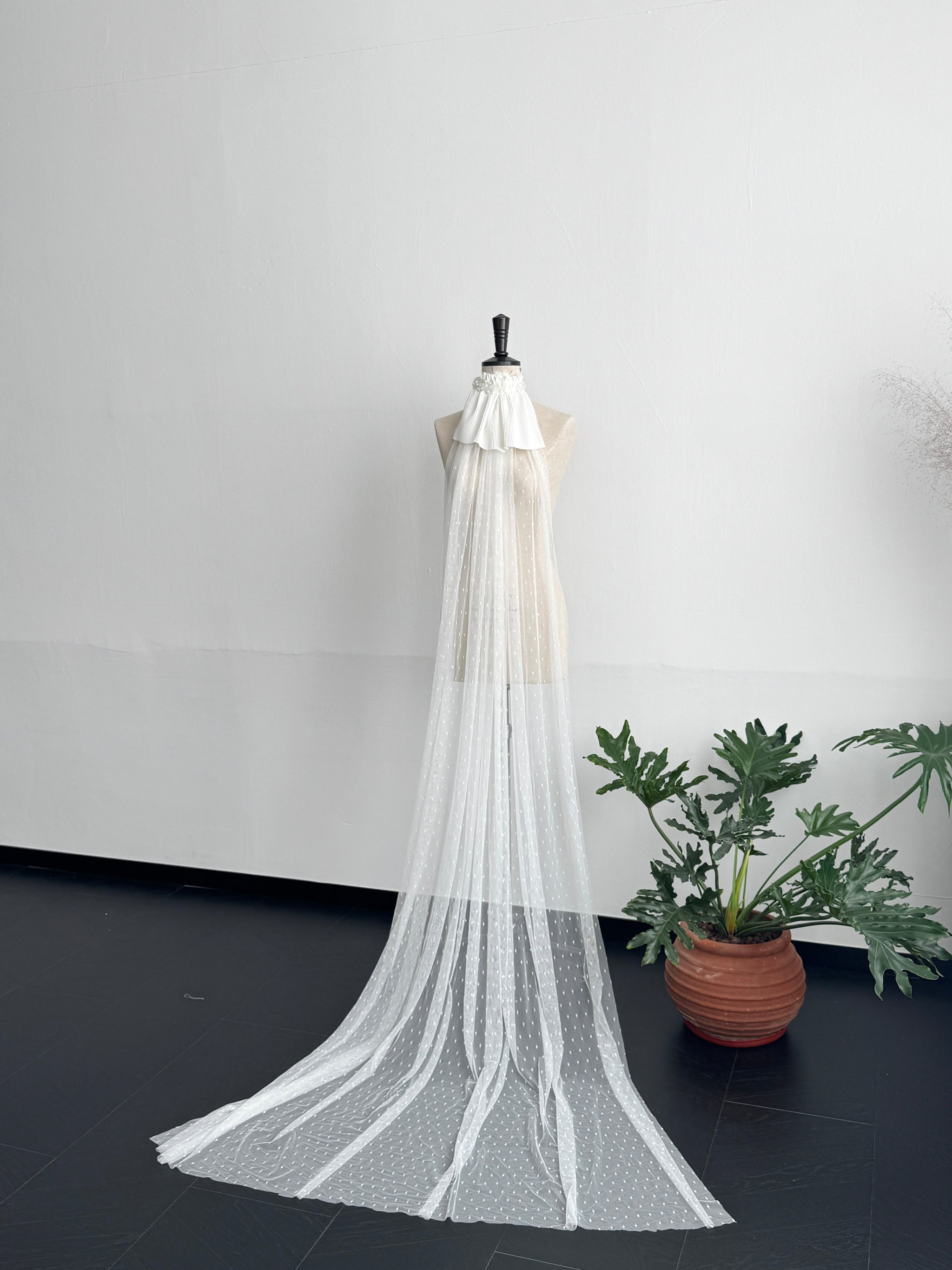 Romantic Swiss Dot Wedding Veil - French Pleated Ribbon Bow Bridal Veil, Vintage Sheer Dotted Tulle Long Train Veil with Shimmering Disc Accent LUNA-X356