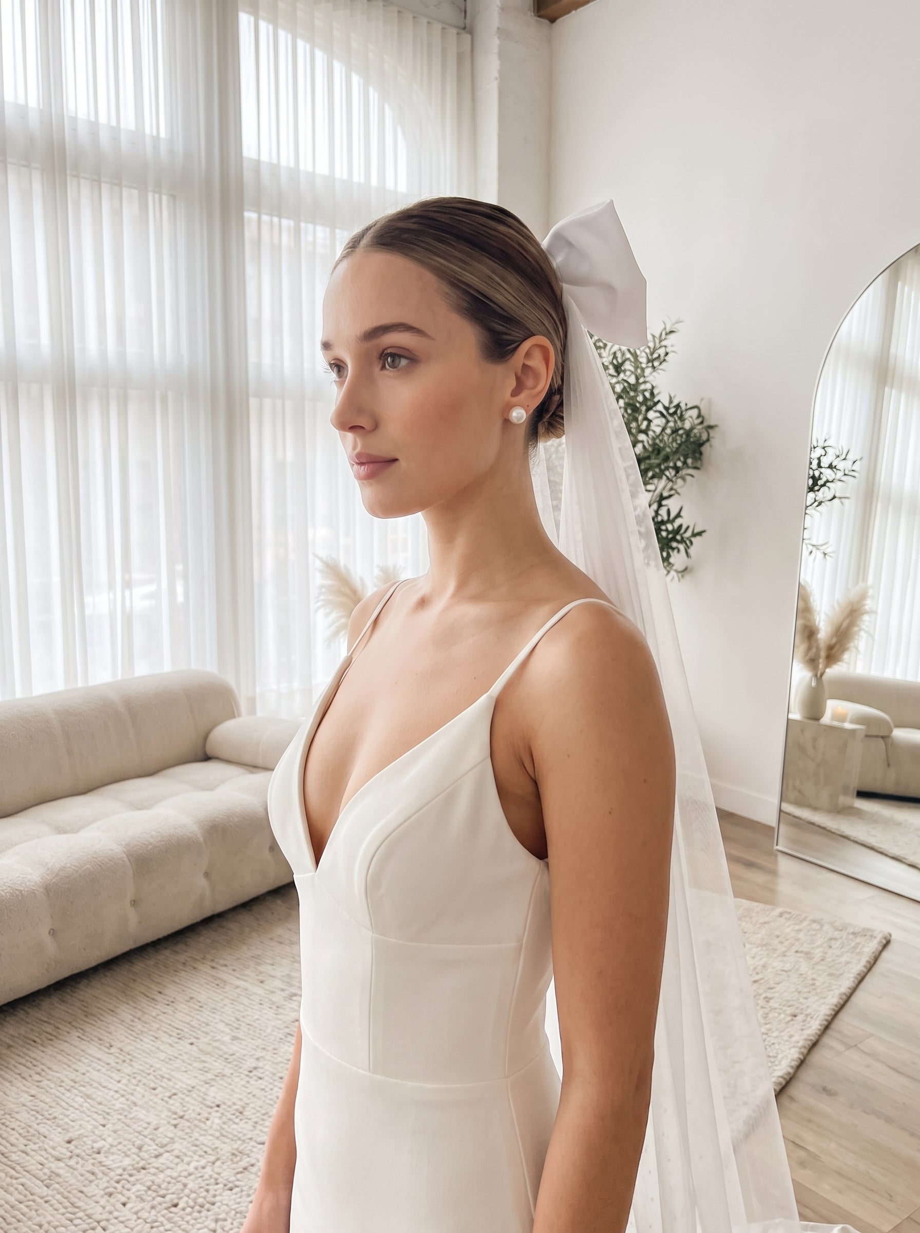 Romantic Swiss Dot Wedding Veil - French Pleated Ribbon Bow Bridal Veil, Vintage Sheer Dotted Tulle Long Train Veil with Shimmering Disc Accent LUNA-X356
