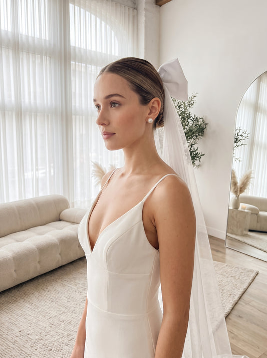 Romantic Swiss Dot Wedding Veil - French Pleated Ribbon Bow Bridal Veil, Vintage Sheer Dotted Tulle Long Train Veil with Shimmering Disc Accent LUNA-X356