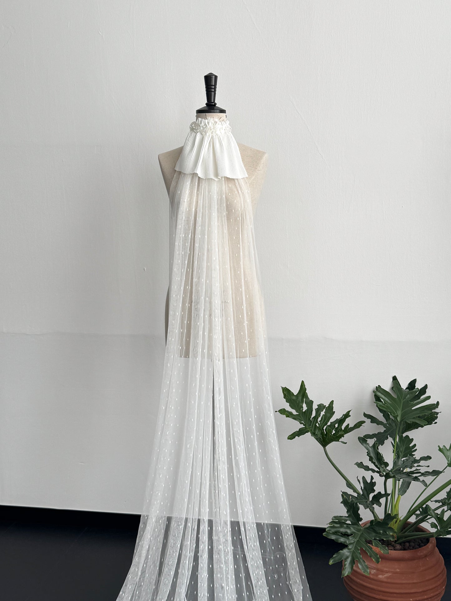 Romantic Swiss Dot Wedding Veil - French Pleated Ribbon Bow Bridal Veil, Vintage Sheer Dotted Tulle Long Train Veil with Shimmering Disc Accent LUNA-X356