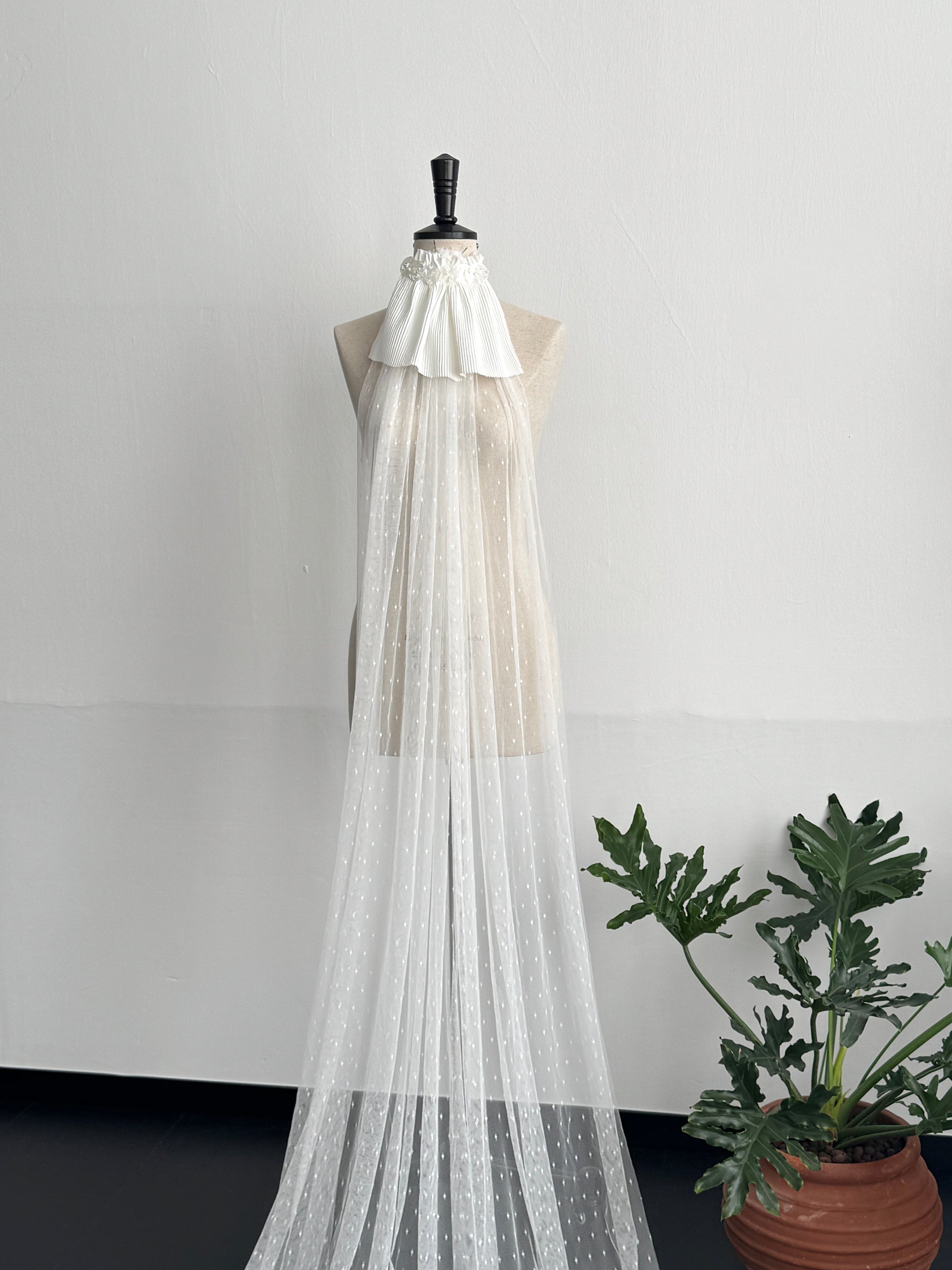 Romantic Swiss Dot Wedding Veil - French Pleated Ribbon Bow Bridal Veil, Vintage Sheer Dotted Tulle Long Train Veil with Shimmering Disc Accent LUNA-X356