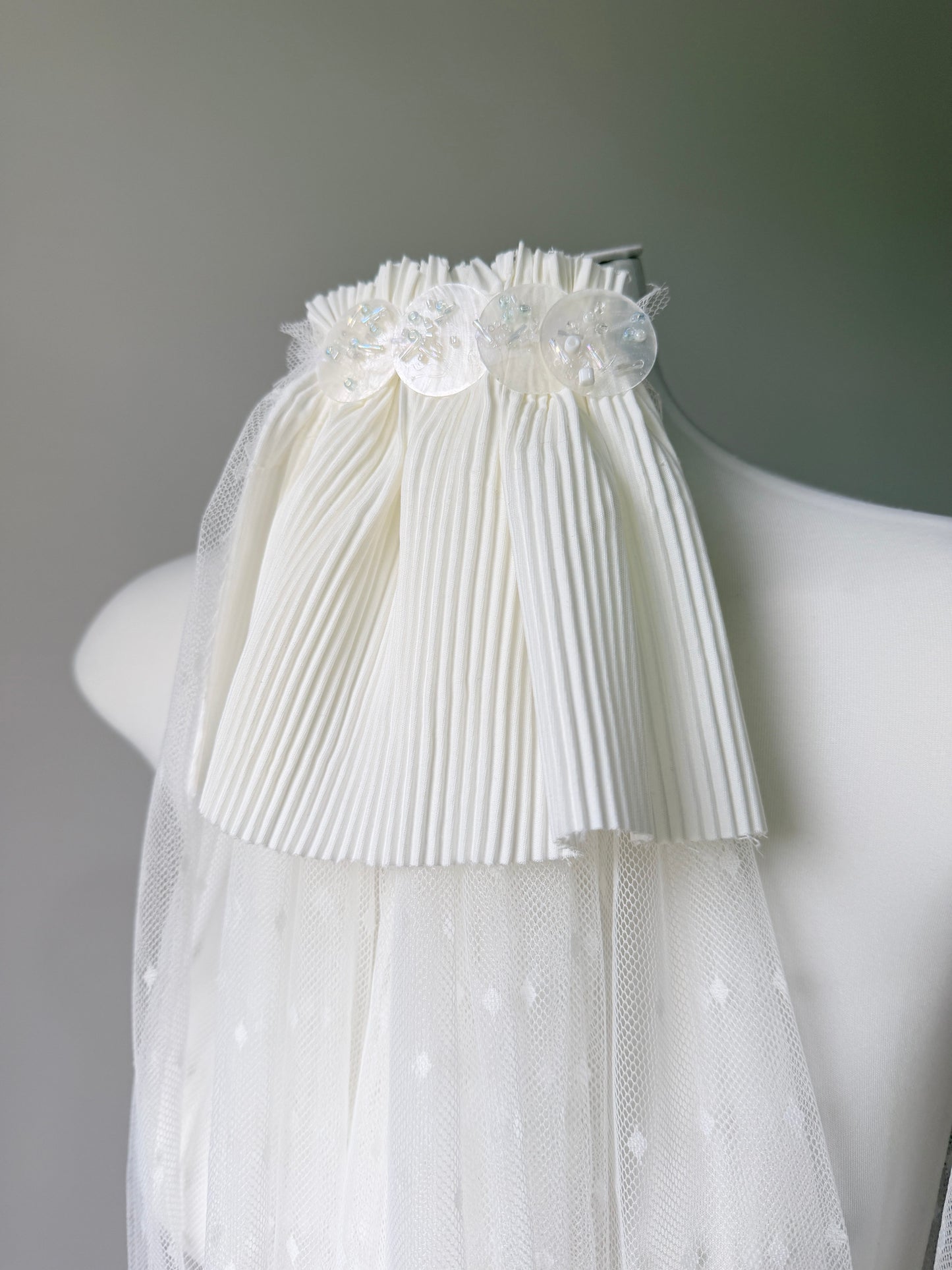 Romantic Swiss Dot Wedding Veil - French Pleated Ribbon Bow Bridal Veil, Vintage Sheer Dotted Tulle Long Train Veil with Shimmering Disc Accent LUNA-X356