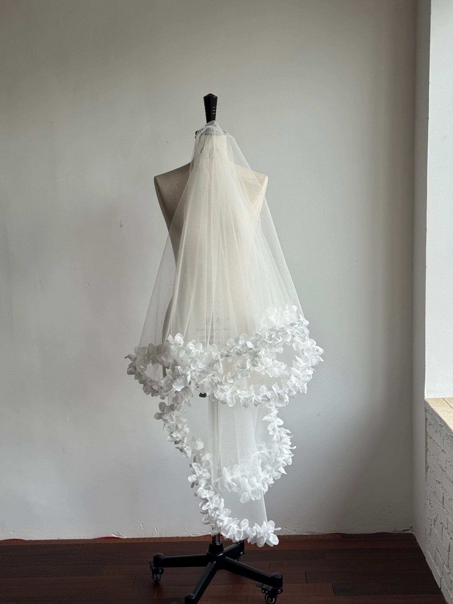 Ethereal 3D Floral Drop Wedding Veil - Romantic Laser-Cut Flower Trim Single-Tier Over-the-Head Bridal Veil, Whimsical Garden Style Bonnet Veil  LUNA-X357