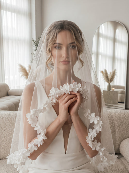 Ethereal 3D Floral Drop Wedding Veil - Romantic Laser-Cut Flower Trim Single-Tier Over-the-Head Bridal Veil, Whimsical Garden Style Bonnet Veil  LUNA-X357