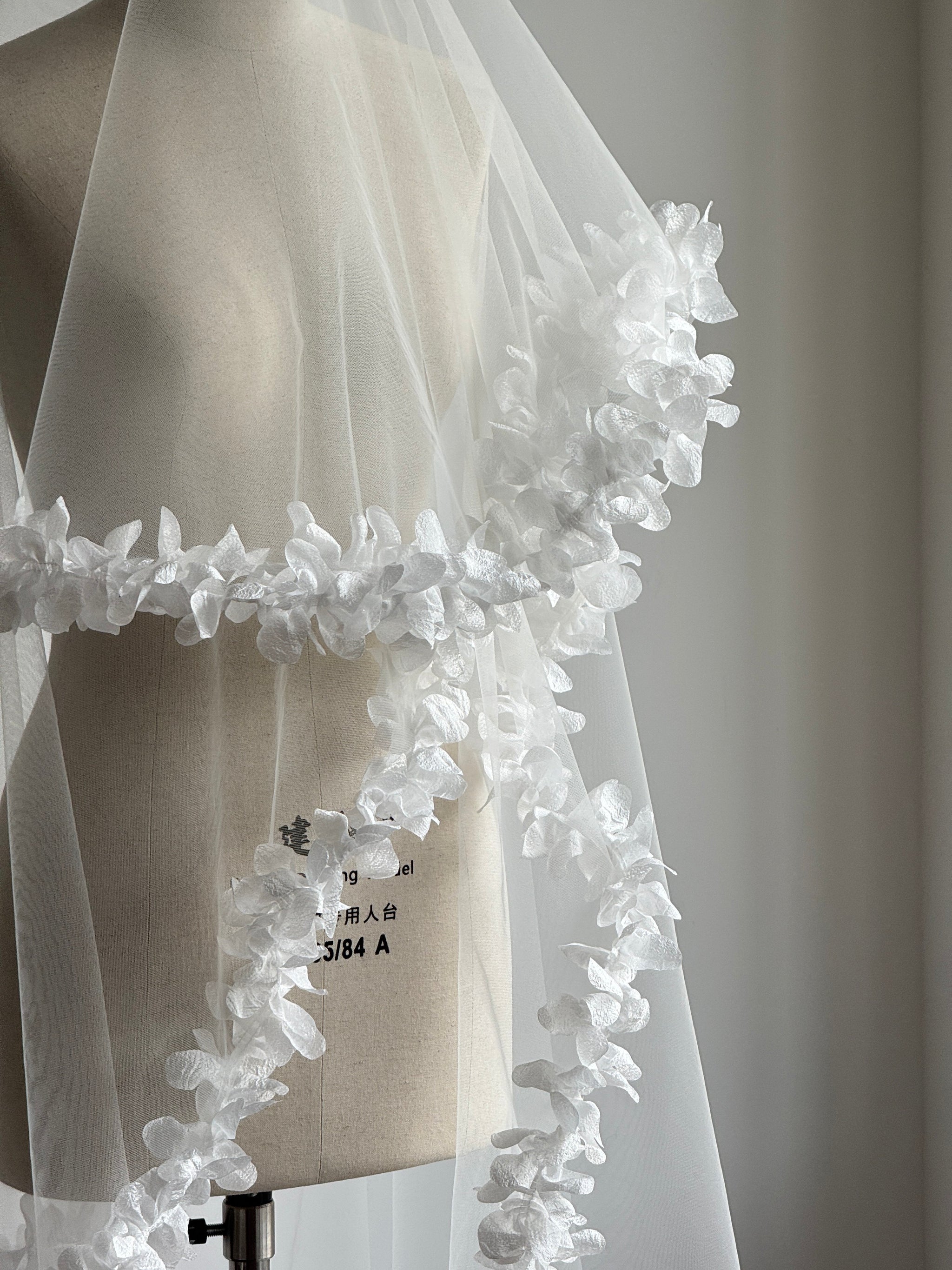 Ethereal 3D Floral Drop Wedding Veil - Romantic Laser-Cut Flower Trim Single-Tier Over-the-Head Bridal Veil, Whimsical Garden Style Bonnet Veil  LUNA-X357