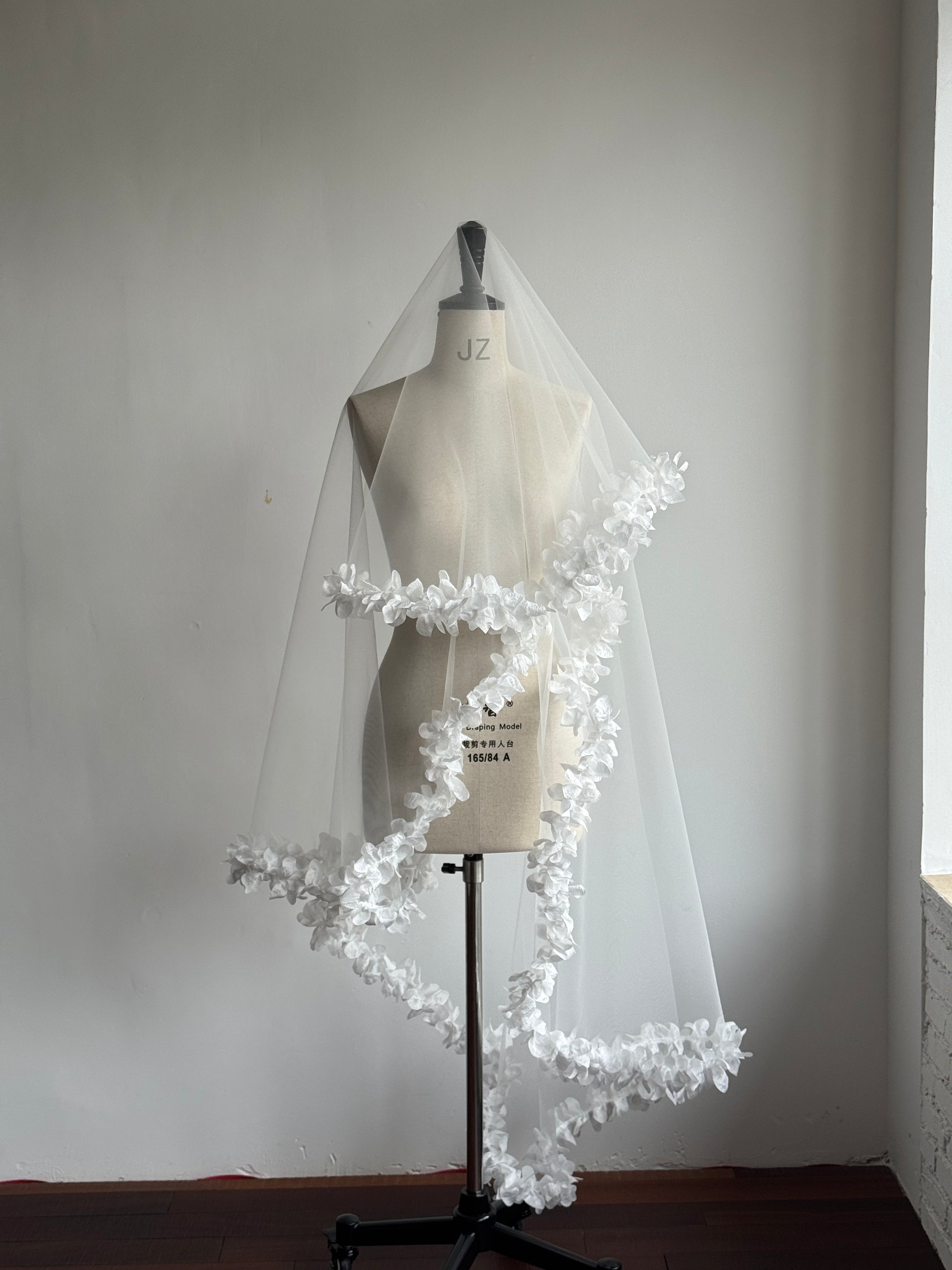 Ethereal 3D Floral Drop Wedding Veil - Romantic Laser-Cut Flower Trim Single-Tier Over-the-Head Bridal Veil, Whimsical Garden Style Bonnet Veil  LUNA-X357