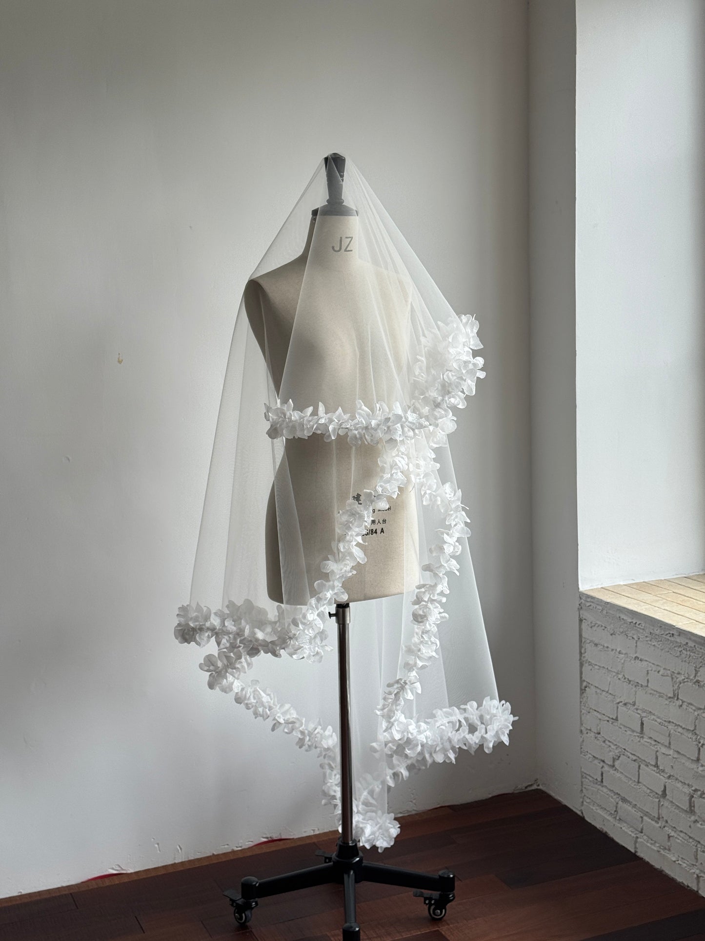Ethereal 3D Floral Drop Wedding Veil - Romantic Laser-Cut Flower Trim Single-Tier Over-the-Head Bridal Veil, Whimsical Garden Style Bonnet Veil  LUNA-X357