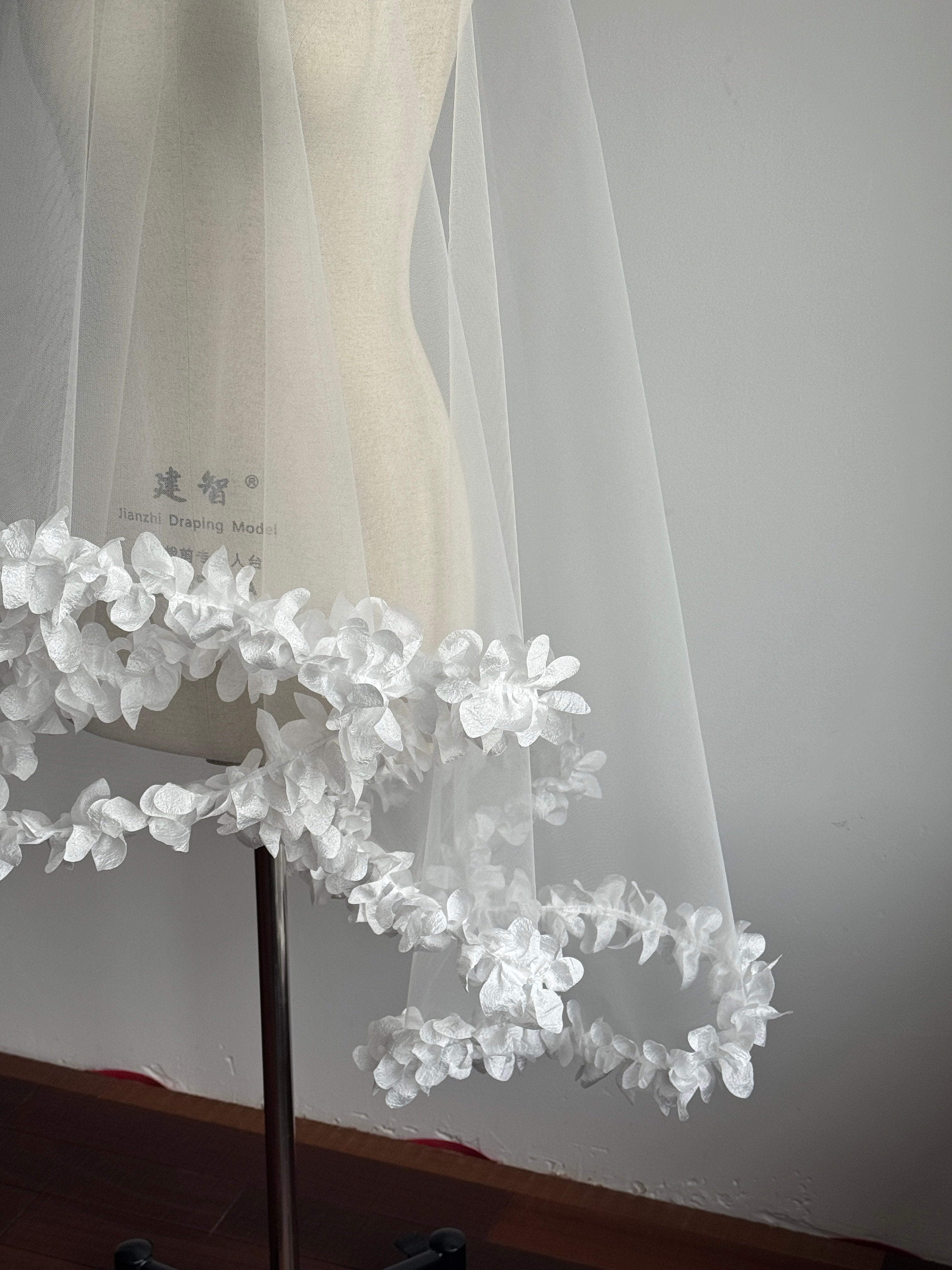 Ethereal 3D Floral Drop Wedding Veil - Romantic Laser-Cut Flower Trim Single-Tier Over-the-Head Bridal Veil, Whimsical Garden Style Bonnet Veil  LUNA-X357