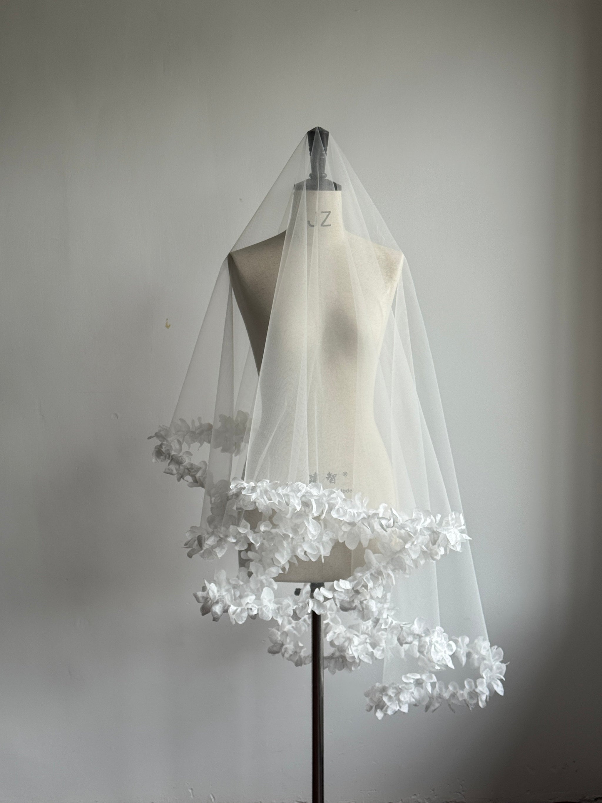 Ethereal 3D Floral Drop Wedding Veil - Romantic Laser-Cut Flower Trim Single-Tier Over-the-Head Bridal Veil, Whimsical Garden Style Bonnet Veil  LUNA-X357