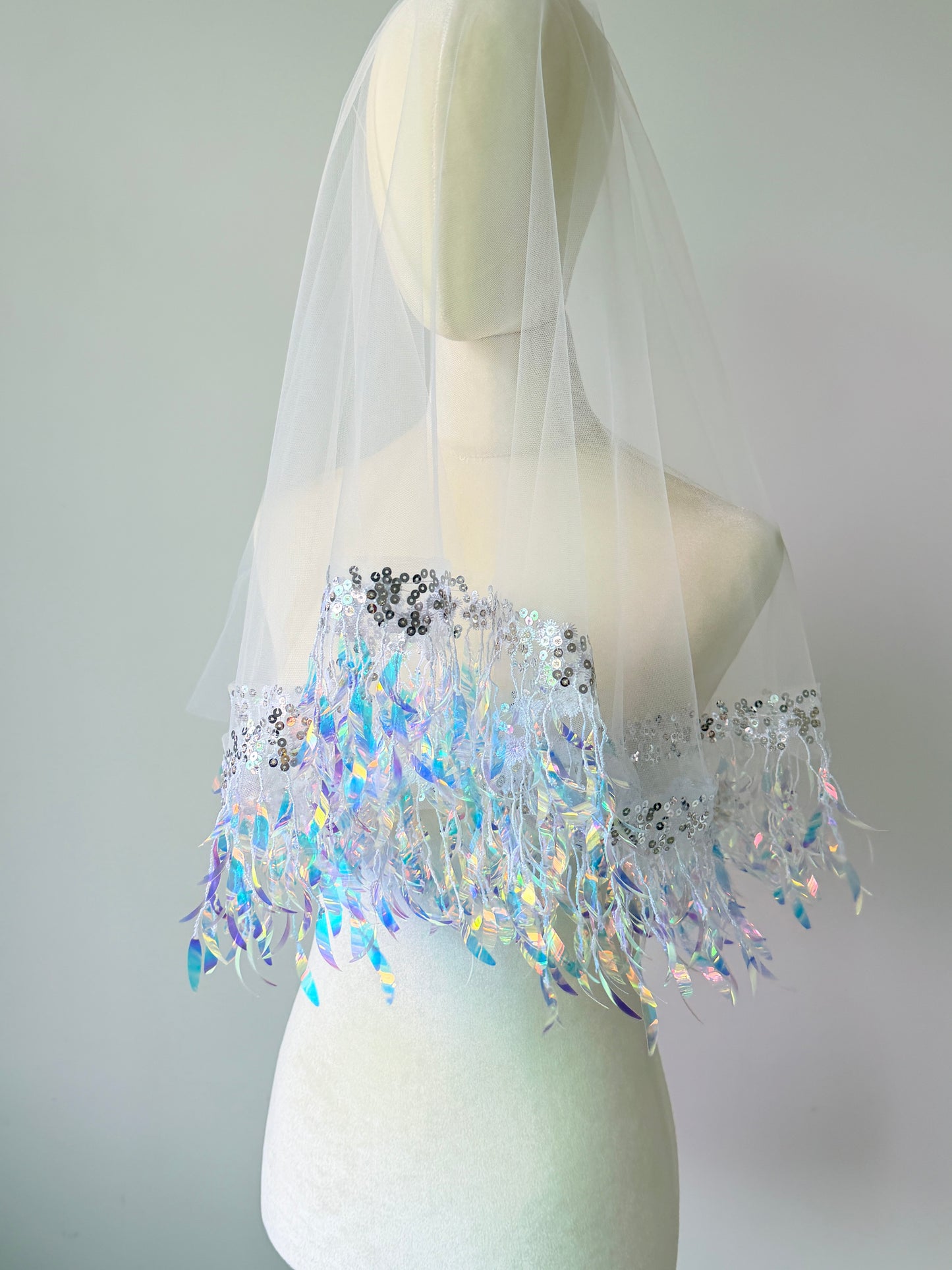 Ethereal Iridescent Sequin Tassel Drop Wedding Veil - Holographic Mermaid Shimmer Single-Tier Over-the-Head Bridal Veil, Whimsical Disco Party Cap Veil LUNA-X360
