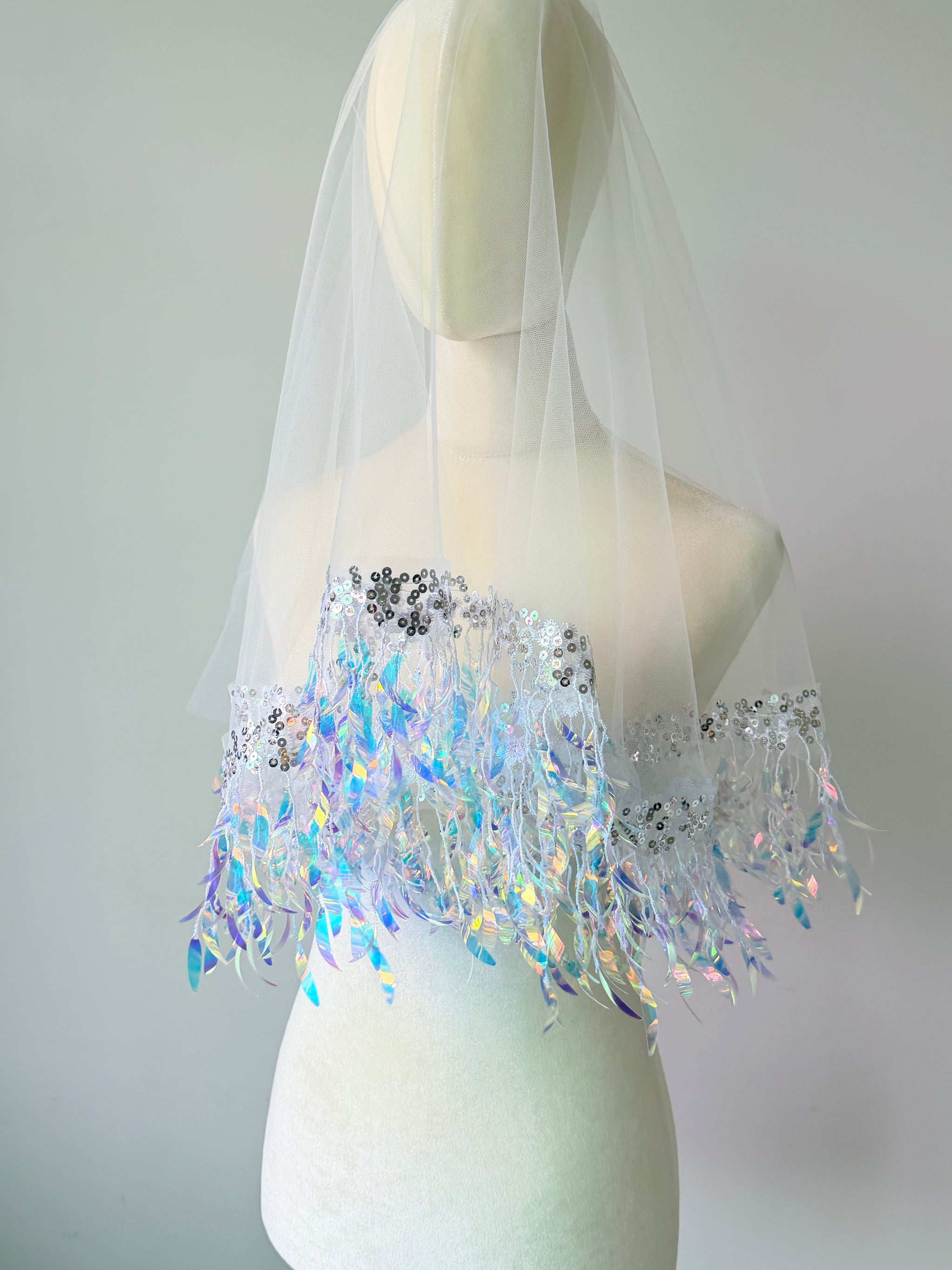 Ethereal Iridescent Sequin Tassel Drop Wedding Veil - Holographic Mermaid Shimmer Single-Tier Over-the-Head Bridal Veil, Whimsical Disco Party Cap Veil LUNA-X360