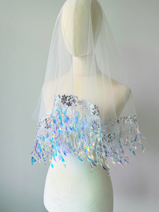 Ethereal Iridescent Sequin Tassel Drop Wedding Veil - Holographic Mermaid Shimmer Single-Tier Over-the-Head Bridal Veil, Whimsical Disco Party Cap Veil LUNA-X360