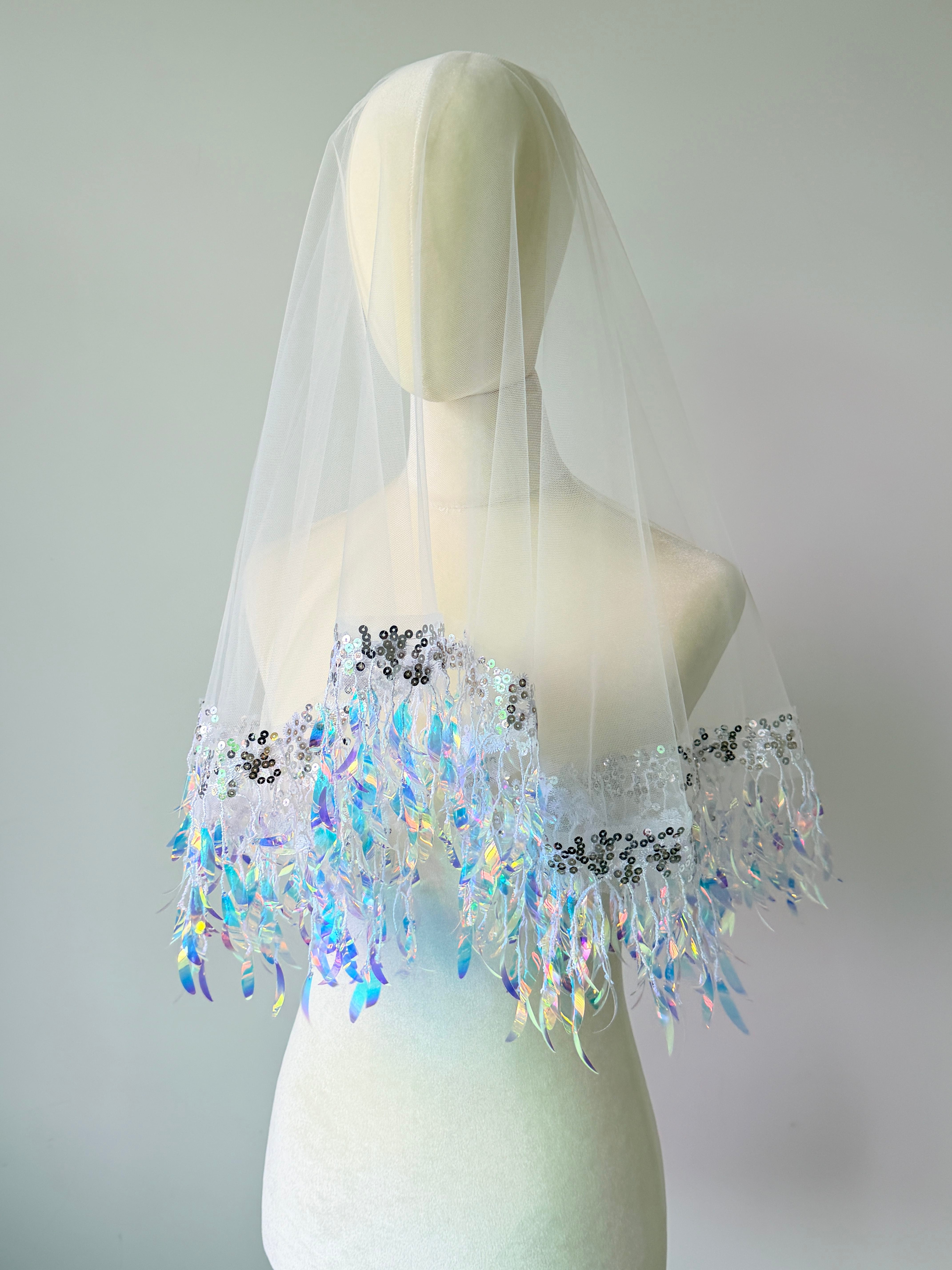 Ethereal Iridescent Sequin Tassel Drop Wedding Veil - Holographic Mermaid Shimmer Single-Tier Over-the-Head Bridal Veil, Whimsical Disco Party Cap Veil LUNA-X360