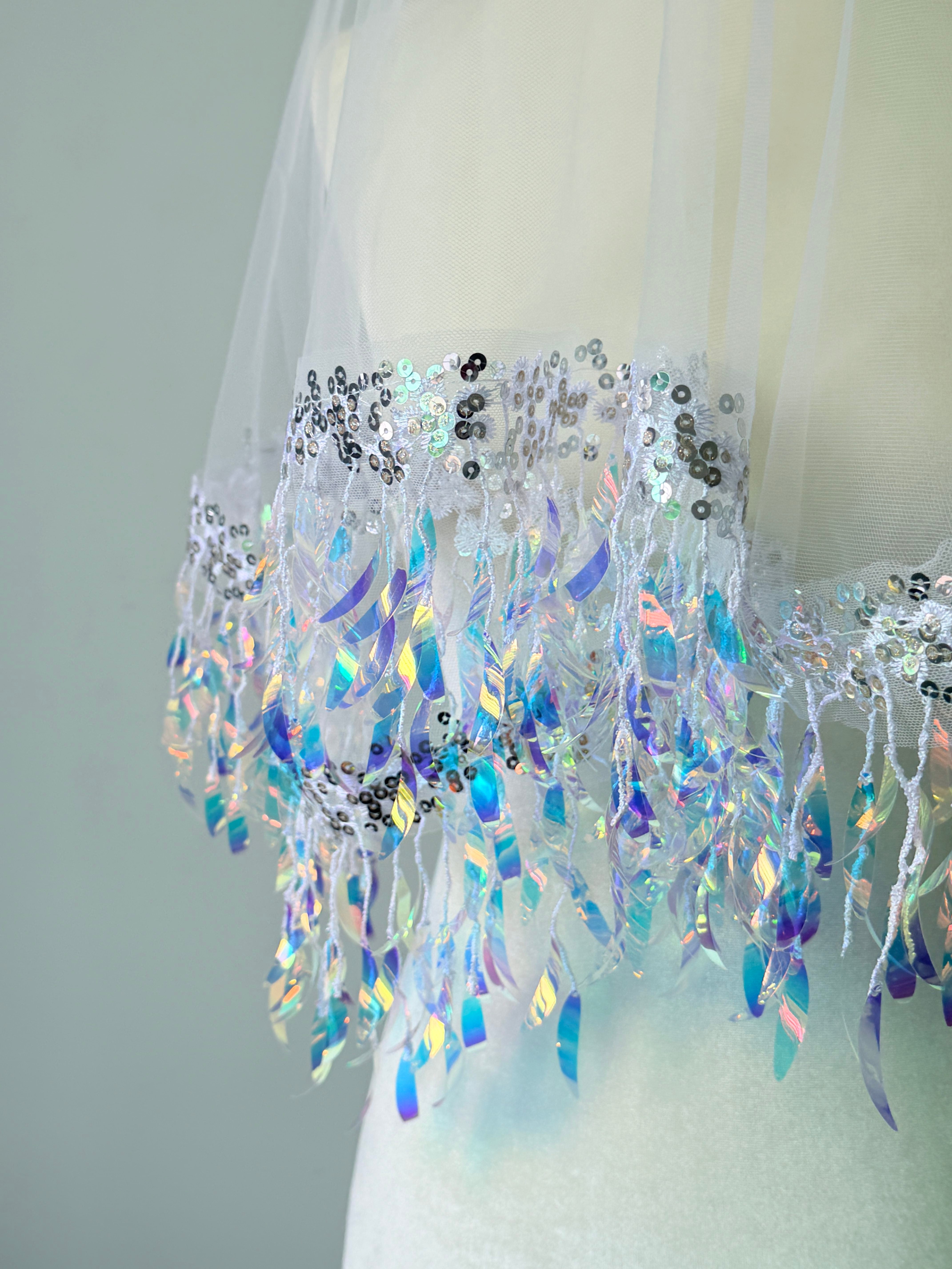 Ethereal Iridescent Sequin Tassel Drop Wedding Veil - Holographic Mermaid Shimmer Single-Tier Over-the-Head Bridal Veil, Whimsical Disco Party Cap Veil LUNA-X360