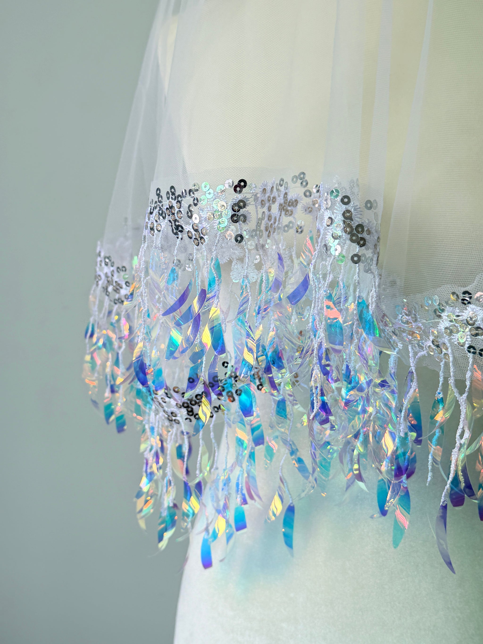 Ethereal Iridescent Sequin Tassel Drop Wedding Veil - Holographic Mermaid Shimmer Single-Tier Over-the-Head Bridal Veil, Whimsical Disco Party Cap Veil LUNA-X360