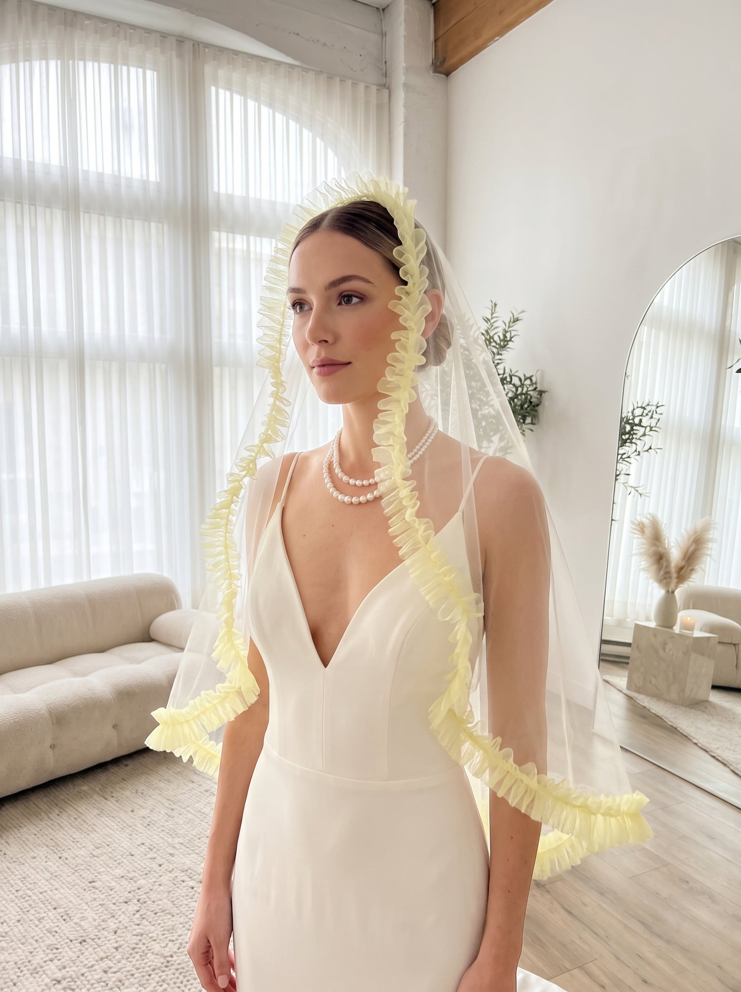 Whimsical Butter Yellow Ruffle Drop Wedding Veil - Pastel Coquette Single-Tier Over-the-Head Bridal Veil, Voluminous Layered Tulle Pleated Edge Statement Veil  LUNA-X361