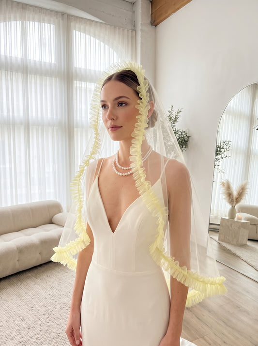 Whimsical Butter Yellow Ruffle Drop Wedding Veil - Pastel Coquette Single-Tier Over-the-Head Bridal Veil, Voluminous Layered Tulle Pleated Edge Statement Veil  LUNA-X361