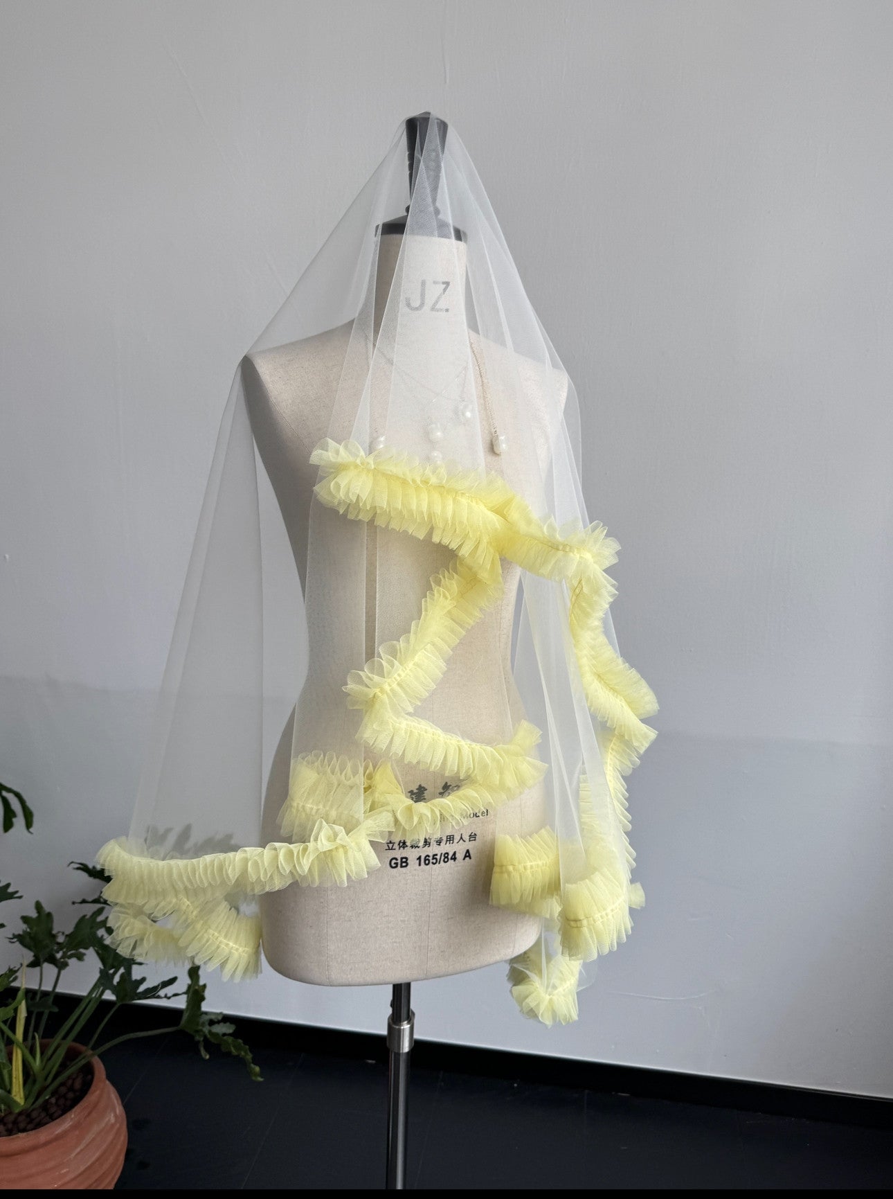 Whimsical Butter Yellow Ruffle Drop Wedding Veil - Pastel Coquette Single-Tier Over-the-Head Bridal Veil, Voluminous Layered Tulle Pleated Edge Statement Veil  LUNA-X361