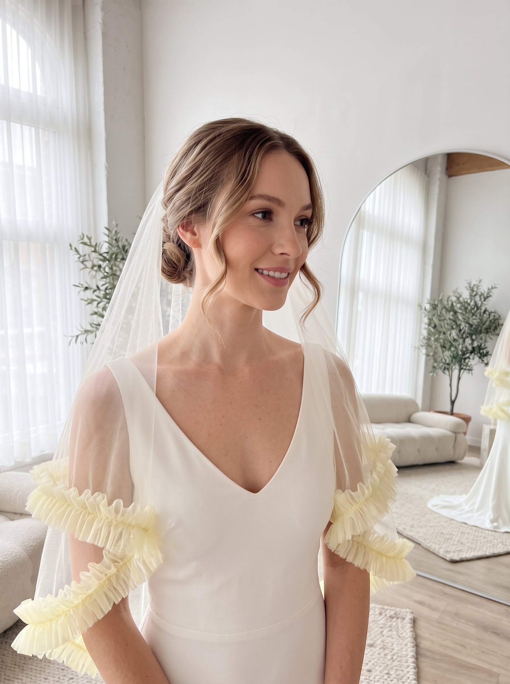 Whimsical Butter Yellow Ruffle Drop Wedding Veil - Pastel Coquette Single-Tier Over-the-Head Bridal Veil, Voluminous Layered Tulle Pleated Edge Statement Veil  LUNA-X361
