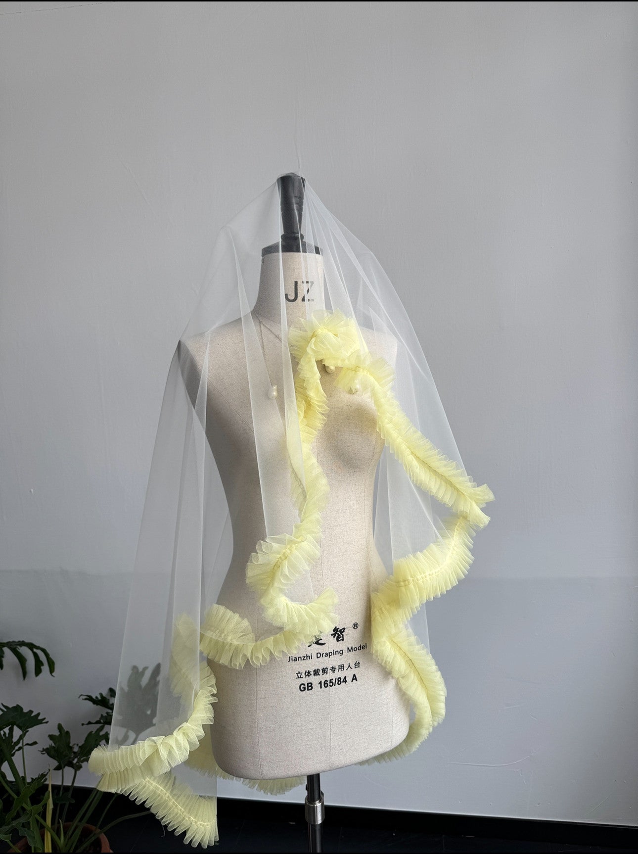 Whimsical Butter Yellow Ruffle Drop Wedding Veil - Pastel Coquette Single-Tier Over-the-Head Bridal Veil, Voluminous Layered Tulle Pleated Edge Statement Veil  LUNA-X361