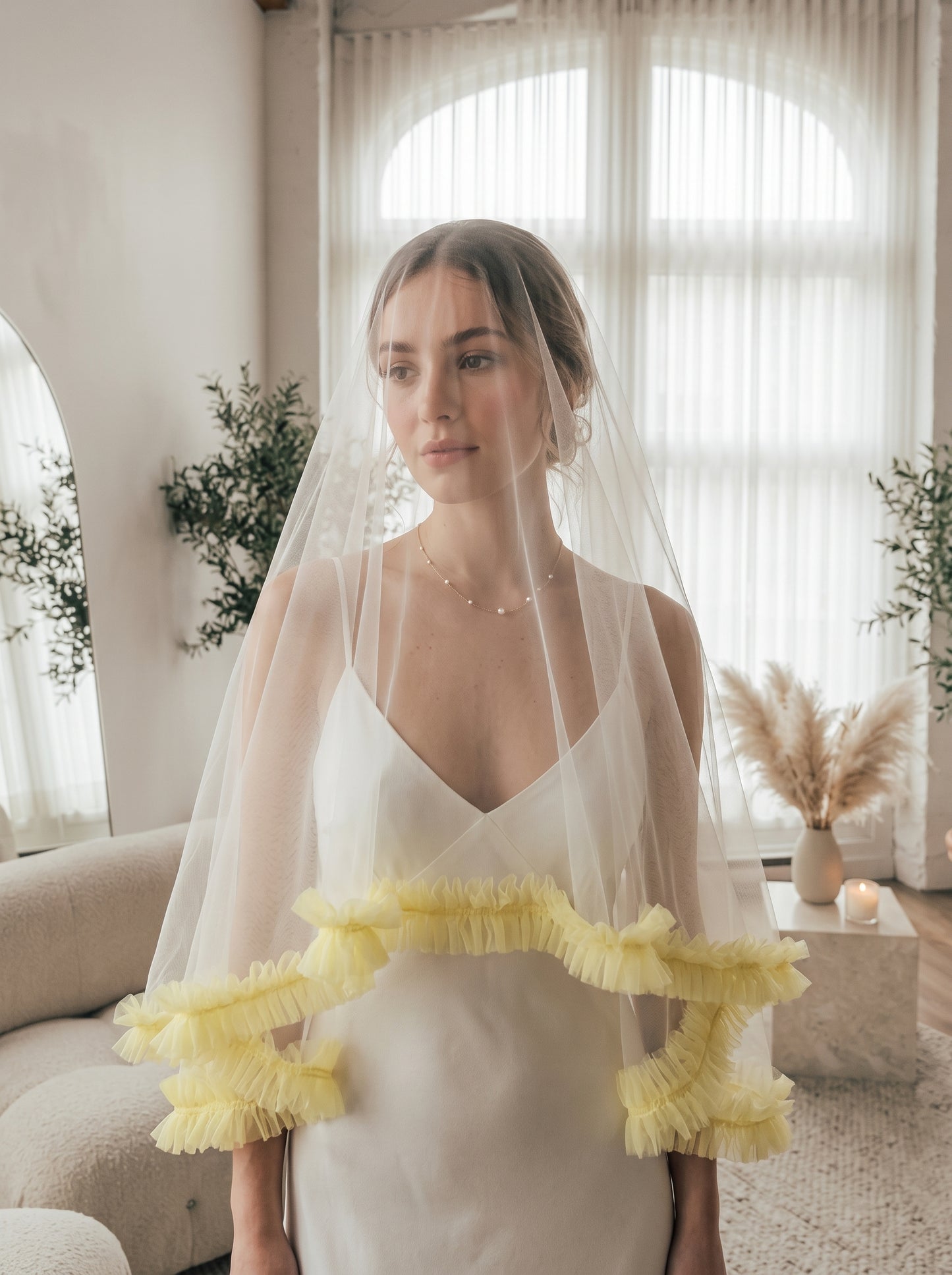 Whimsical Butter Yellow Ruffle Drop Wedding Veil - Pastel Coquette Single-Tier Over-the-Head Bridal Veil, Voluminous Layered Tulle Pleated Edge Statement Veil  LUNA-X361