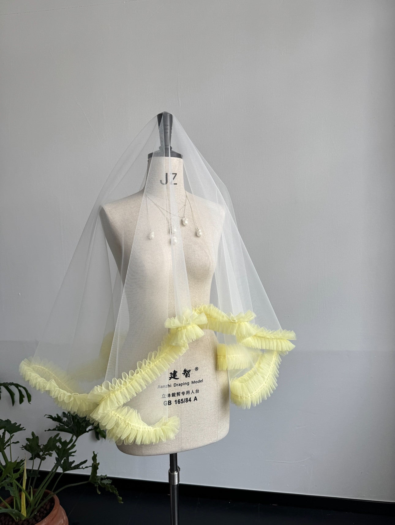 Whimsical Butter Yellow Ruffle Drop Wedding Veil - Pastel Coquette Single-Tier Over-the-Head Bridal Veil, Voluminous Layered Tulle Pleated Edge Statement Veil  LUNA-X361
