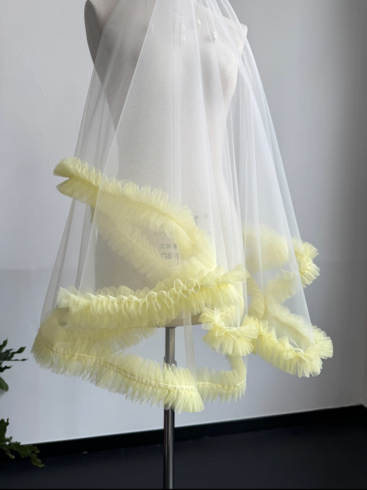Whimsical Butter Yellow Ruffle Drop Wedding Veil - Pastel Coquette Single-Tier Over-the-Head Bridal Veil, Voluminous Layered Tulle Pleated Edge Statement Veil  LUNA-X361