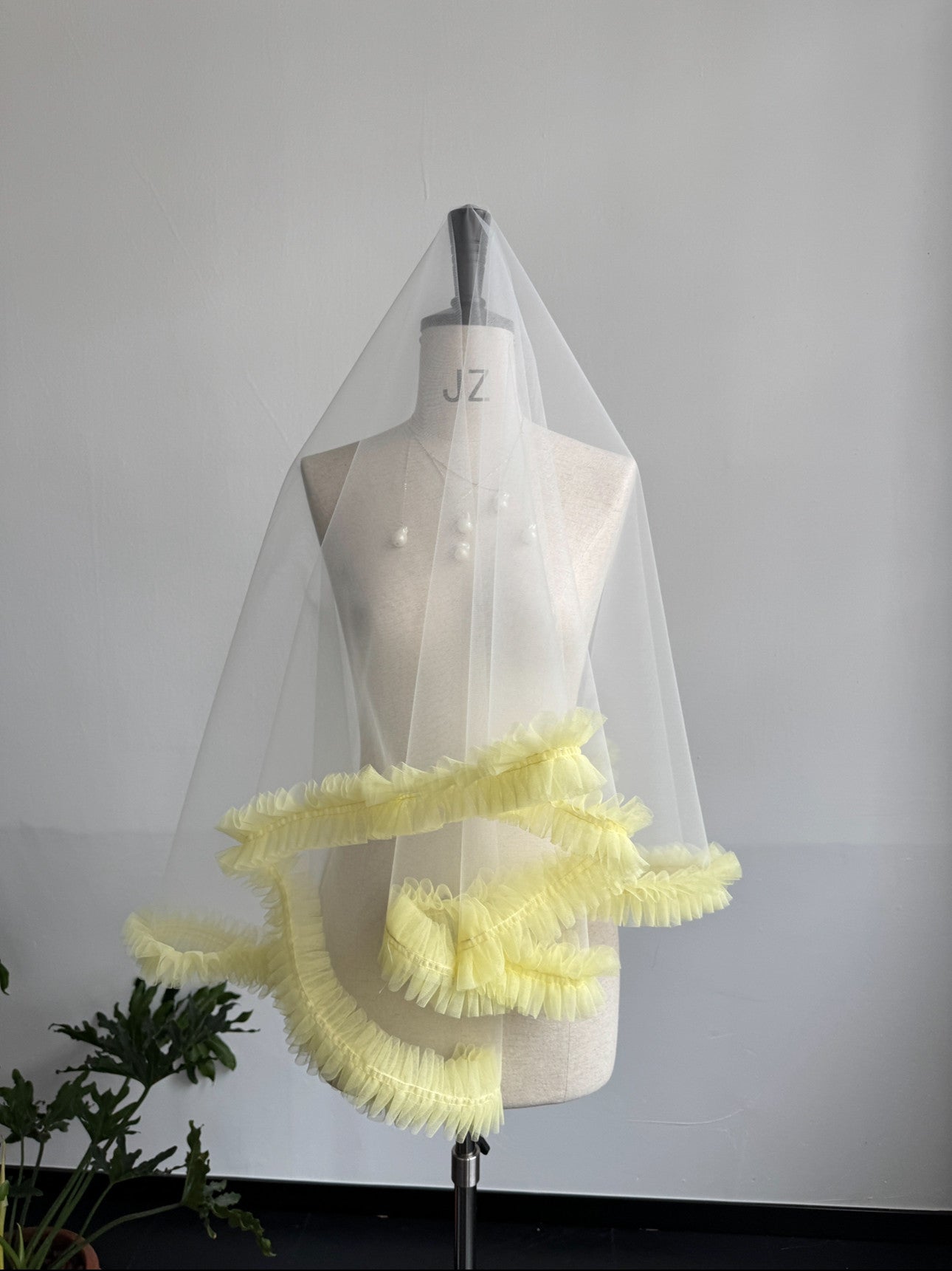Whimsical Butter Yellow Ruffle Drop Wedding Veil - Pastel Coquette Single-Tier Over-the-Head Bridal Veil, Voluminous Layered Tulle Pleated Edge Statement Veil  LUNA-X361