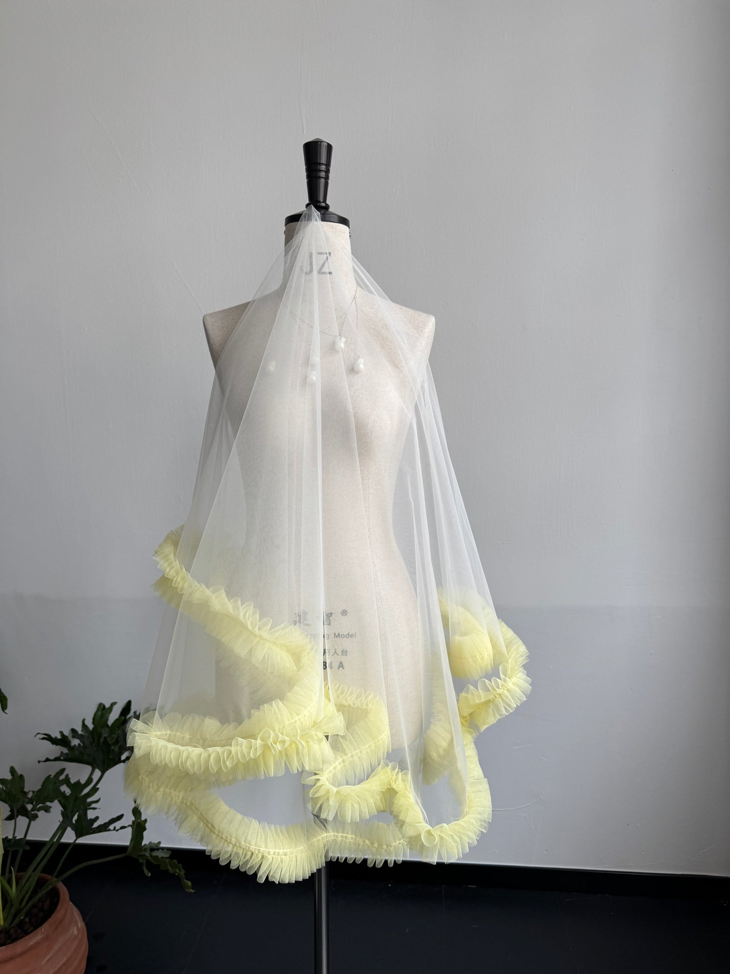 Whimsical Butter Yellow Ruffle Drop Wedding Veil - Pastel Coquette Single-Tier Over-the-Head Bridal Veil, Voluminous Layered Tulle Pleated Edge Statement Veil  LUNA-X361