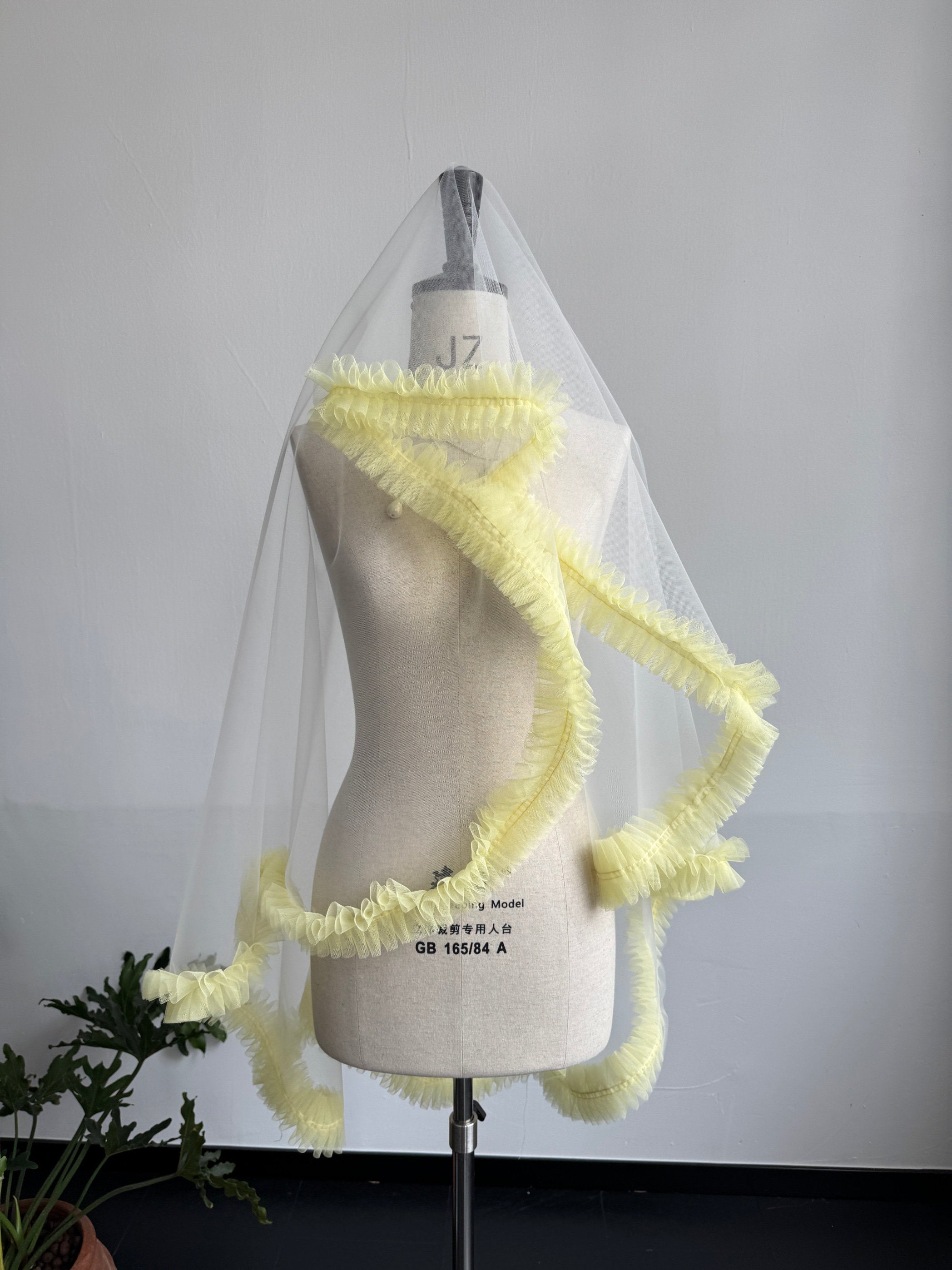 Whimsical Butter Yellow Ruffle Drop Wedding Veil - Pastel Coquette Single-Tier Over-the-Head Bridal Veil, Voluminous Layered Tulle Pleated Edge Statement Veil  LUNA-X361