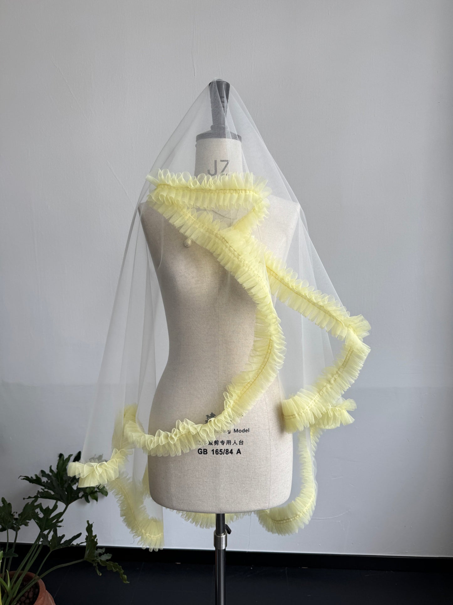 Whimsical Butter Yellow Ruffle Drop Wedding Veil - Pastel Coquette Single-Tier Over-the-Head Bridal Veil, Voluminous Layered Tulle Pleated Edge Statement Veil  LUNA-X361