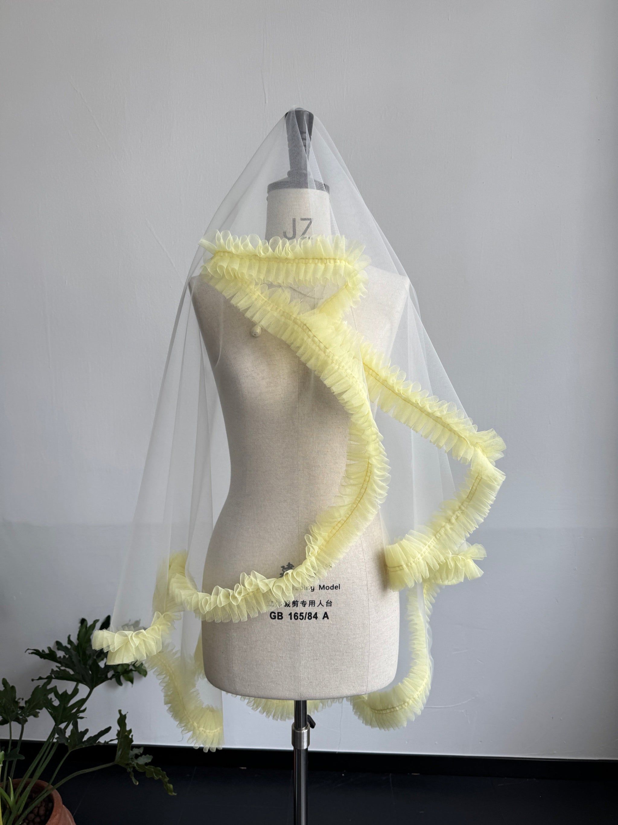 Whimsical Butter Yellow Ruffle Drop Wedding Veil - Pastel Coquette Single-Tier Over-the-Head Bridal Veil, Voluminous Layered Tulle Pleated Edge Statement Veil  LUNA-X361