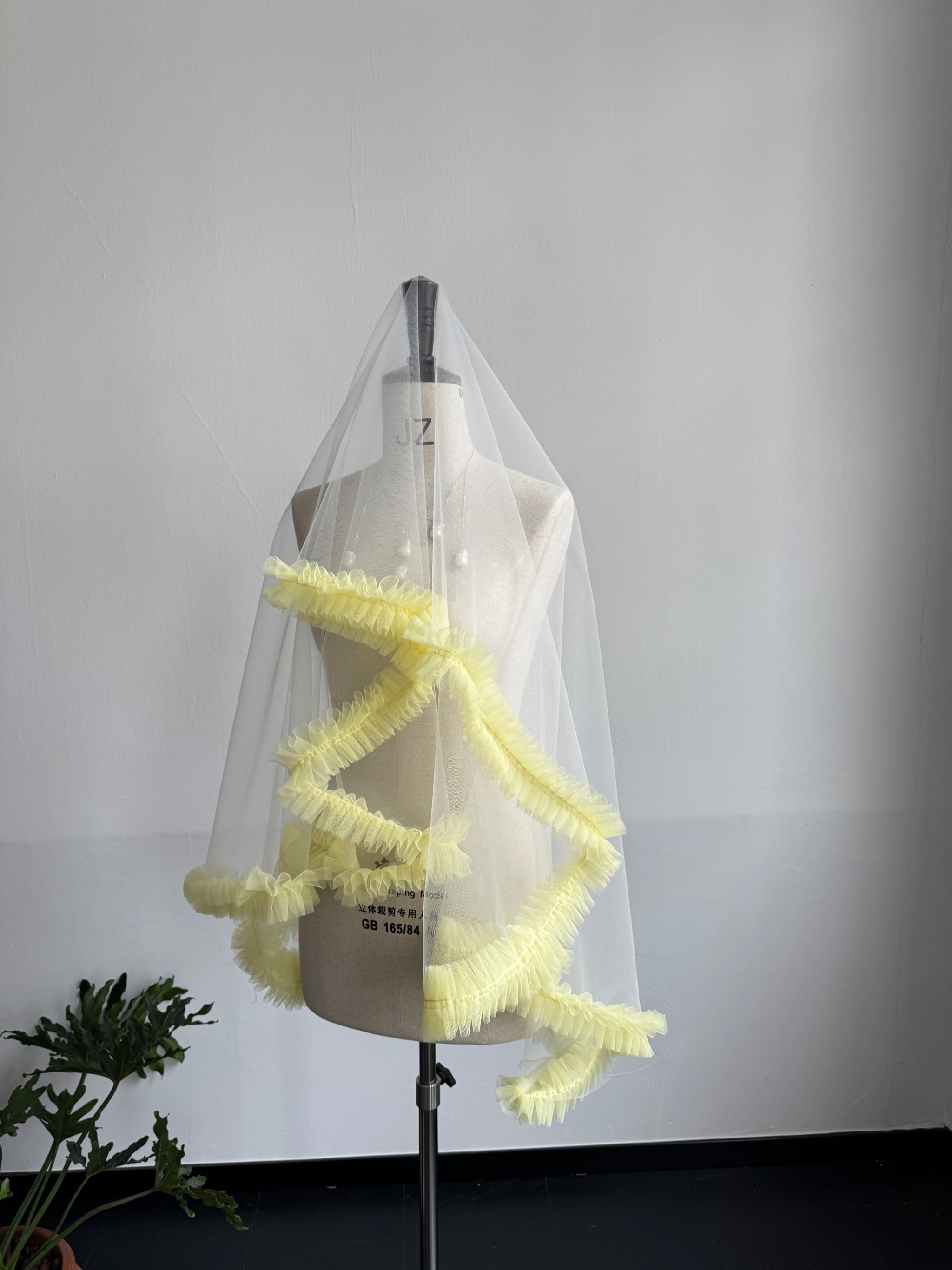 Whimsical Butter Yellow Ruffle Drop Wedding Veil - Pastel Coquette Single-Tier Over-the-Head Bridal Veil, Voluminous Layered Tulle Pleated Edge Statement Veil  LUNA-X361