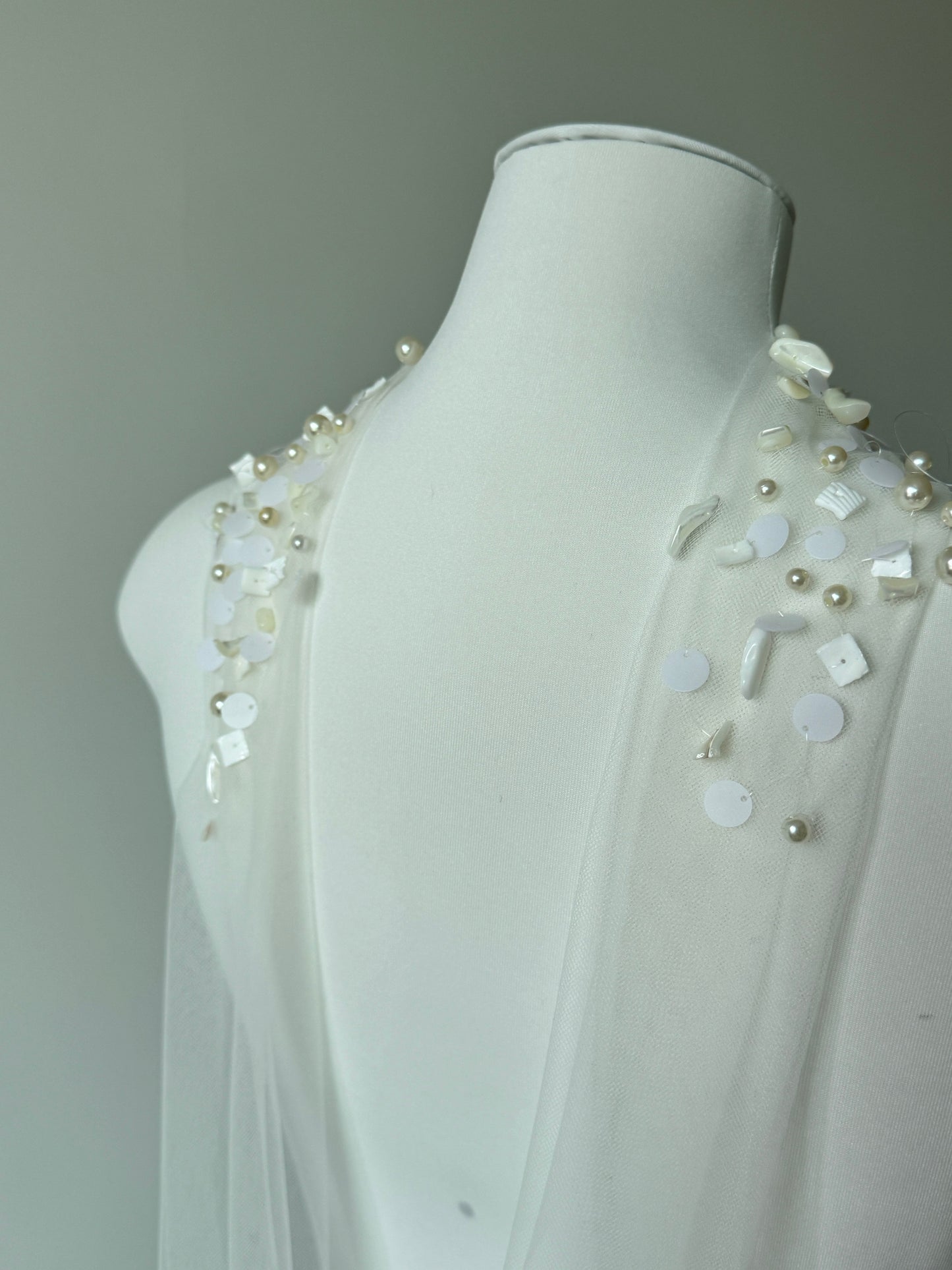 Ethereal Baroque Pearl & Seashell Halter Bridal Cape - Heavy Beaded Wedding Shoulder Veil, Coastal Mermaid Single-Tier Editorial Sheer Capelet LUNA-X362