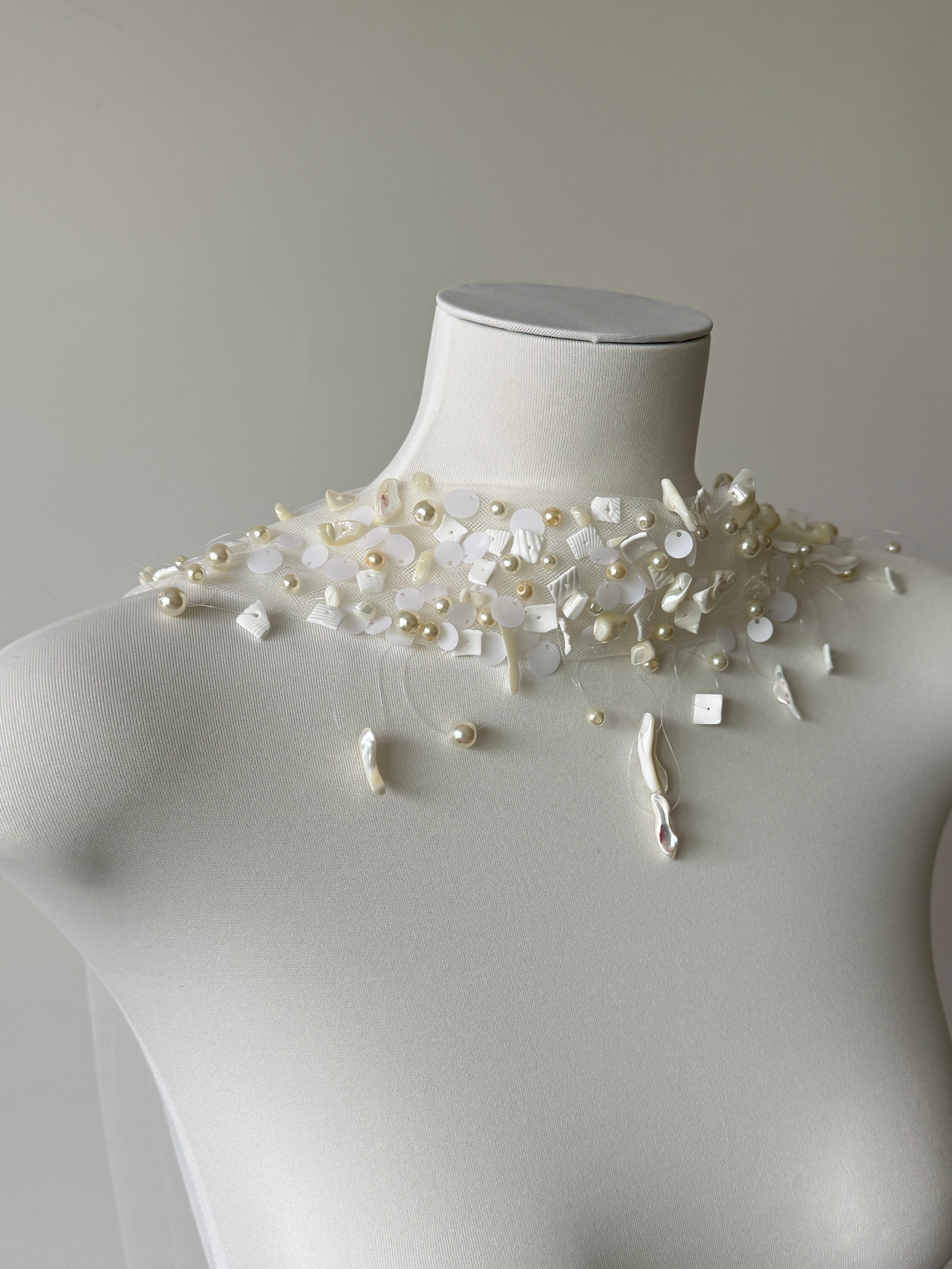 Ethereal Baroque Pearl & Seashell Halter Bridal Cape - Heavy Beaded Wedding Shoulder Veil, Coastal Mermaid Single-Tier Editorial Sheer Capelet LUNA-X362