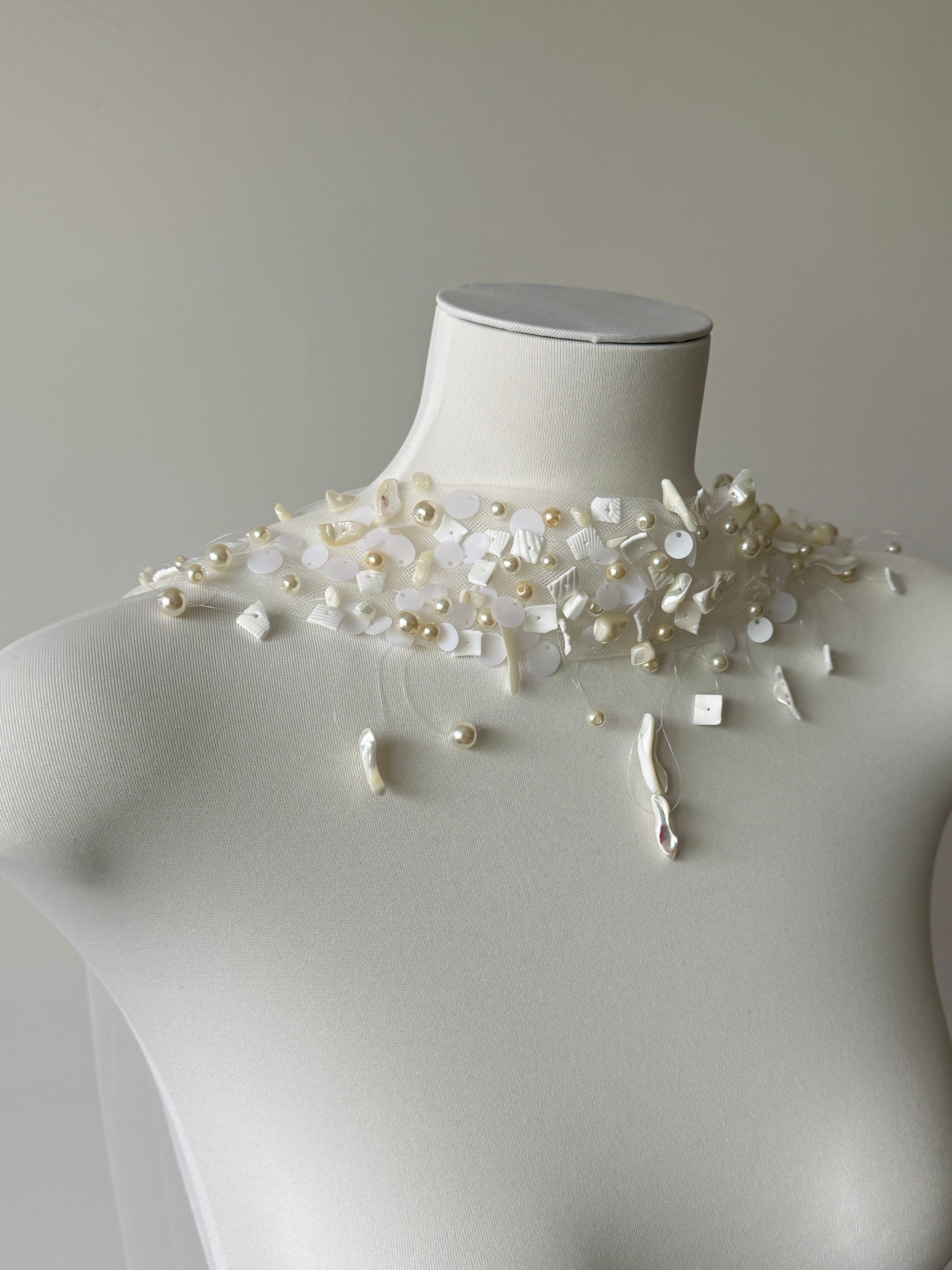 Ethereal Baroque Pearl & Seashell Halter Bridal Cape - Heavy Beaded Wedding Shoulder Veil, Coastal Mermaid Single-Tier Editorial Sheer Capelet LUNA-X362