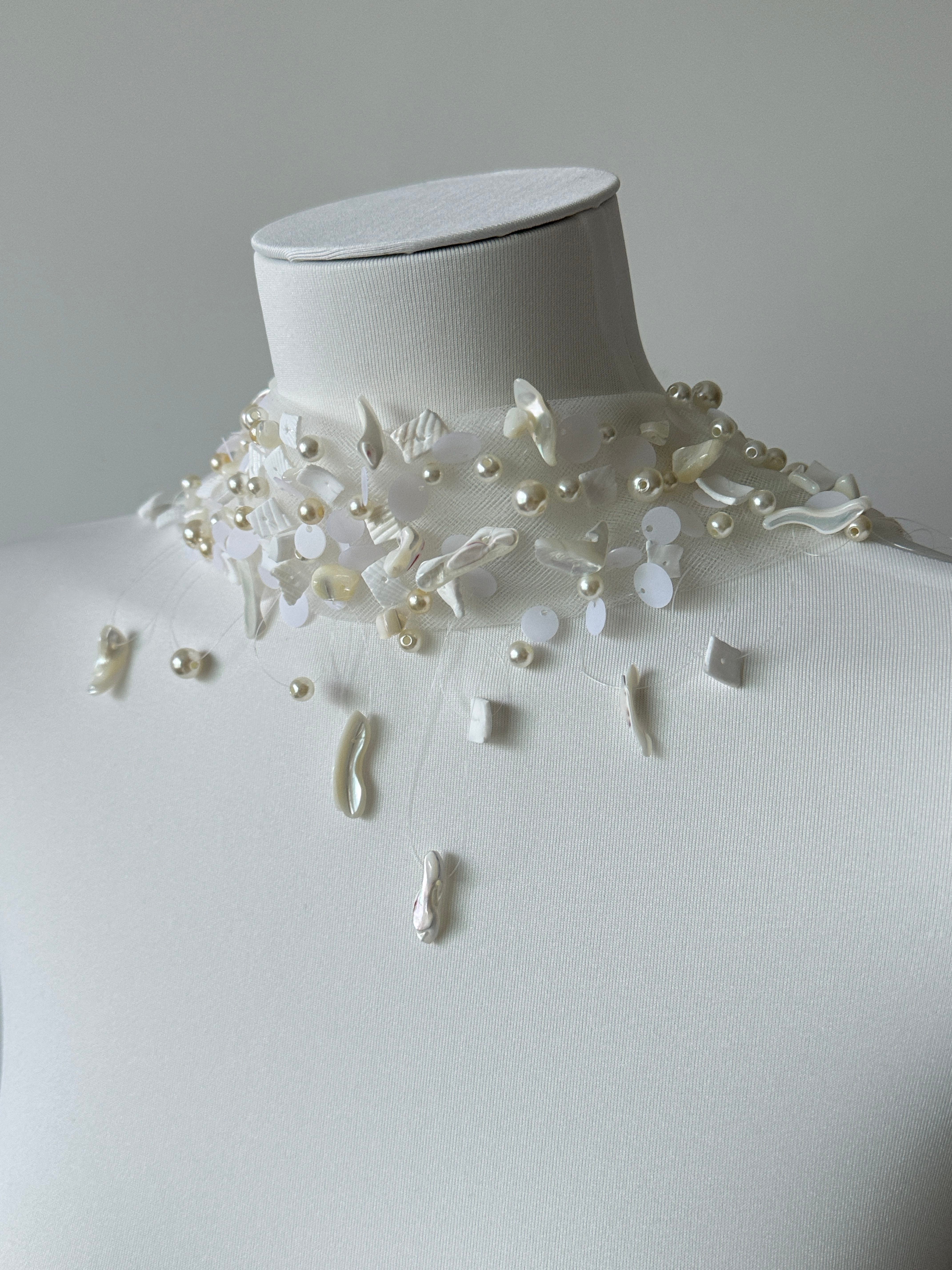 Ethereal Baroque Pearl & Seashell Halter Bridal Cape - Heavy Beaded Wedding Shoulder Veil, Coastal Mermaid Single-Tier Editorial Sheer Capelet LUNA-X362