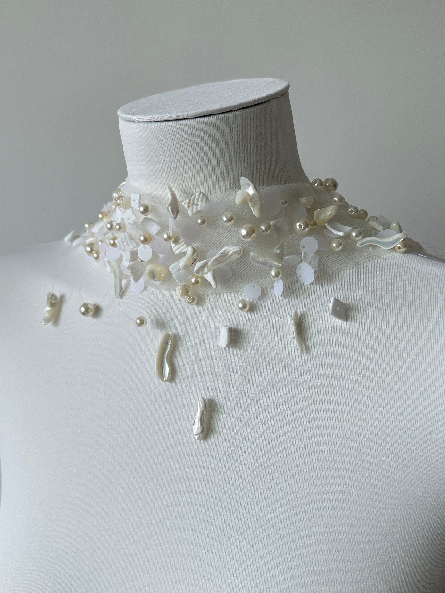 Ethereal Baroque Pearl & Seashell Halter Bridal Cape - Heavy Beaded Wedding Shoulder Veil, Coastal Mermaid Single-Tier Editorial Sheer Capelet LUNA-X362