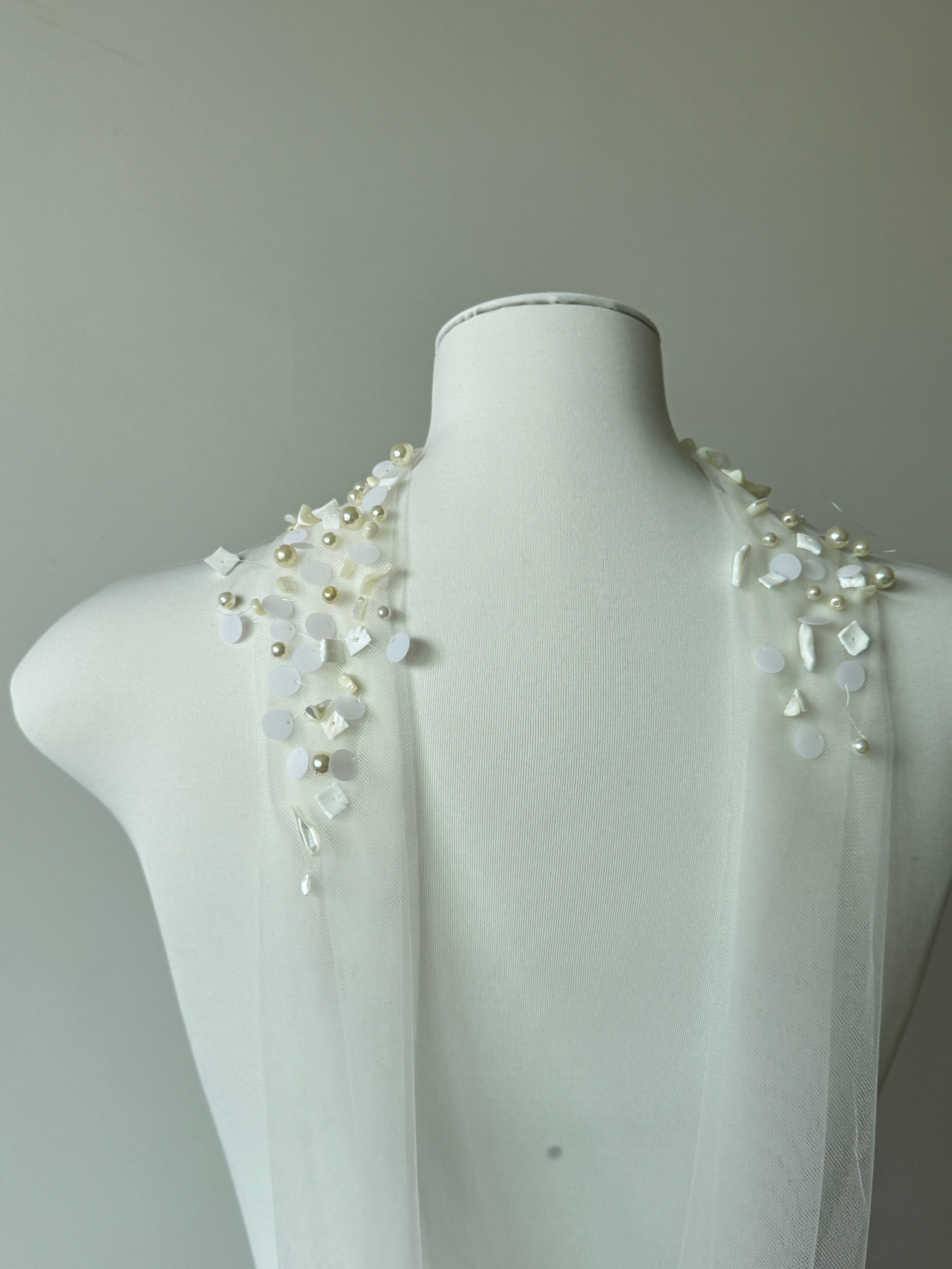 Ethereal Baroque Pearl & Seashell Halter Bridal Cape - Heavy Beaded Wedding Shoulder Veil, Coastal Mermaid Single-Tier Editorial Sheer Capelet LUNA-X362