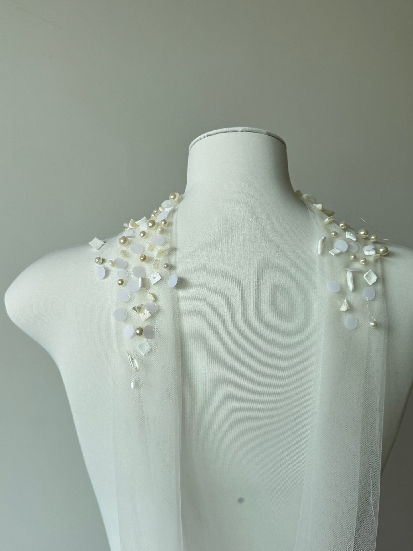 Ethereal Baroque Pearl & Seashell Halter Bridal Cape - Heavy Beaded Wedding Shoulder Veil, Coastal Mermaid Single-Tier Editorial Sheer Capelet LUNA-X362