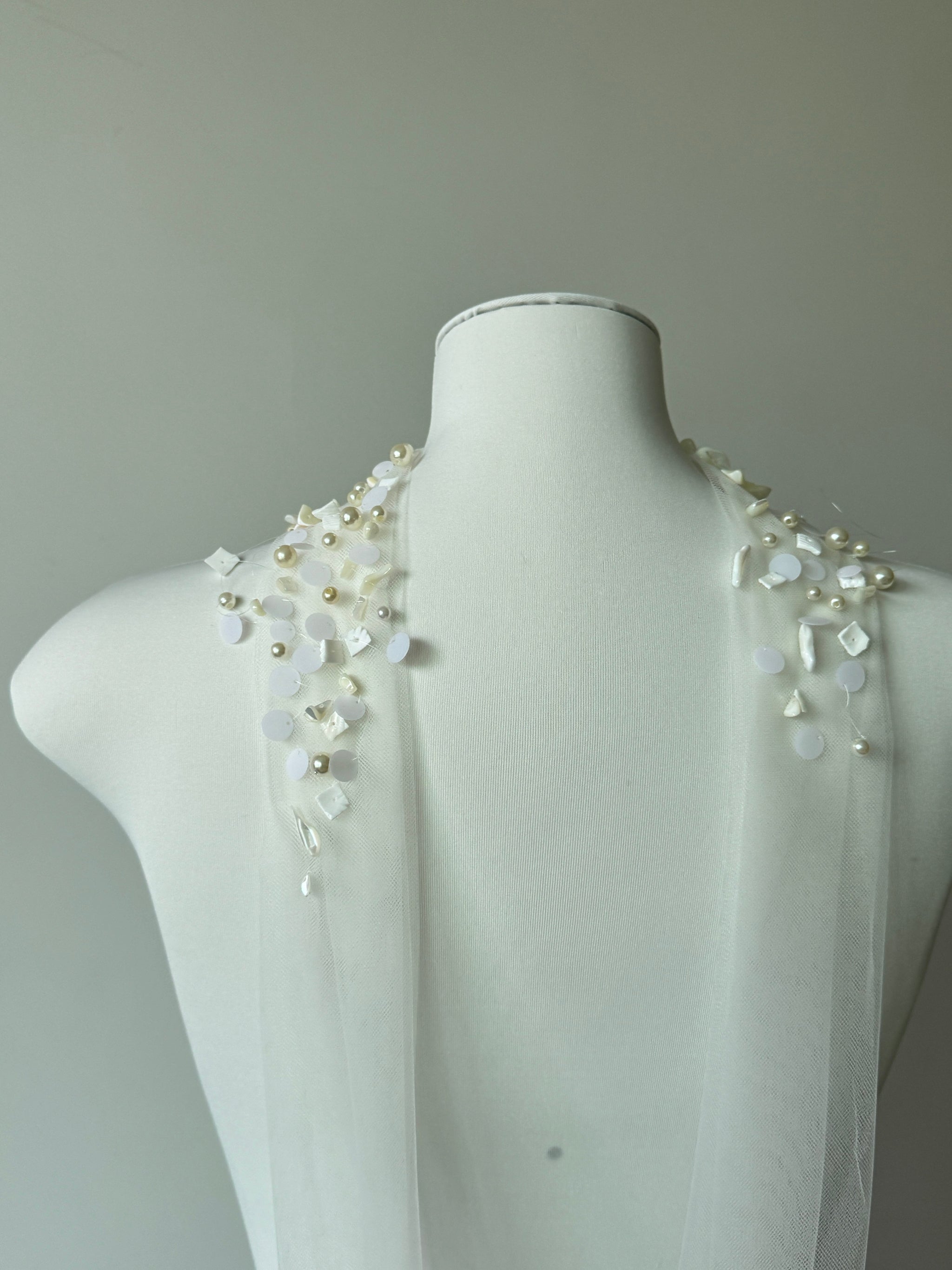 Ethereal Baroque Pearl & Seashell Halter Bridal Cape - Heavy Beaded Wedding Shoulder Veil, Coastal Mermaid Single-Tier Editorial Sheer Capelet LUNA-X362