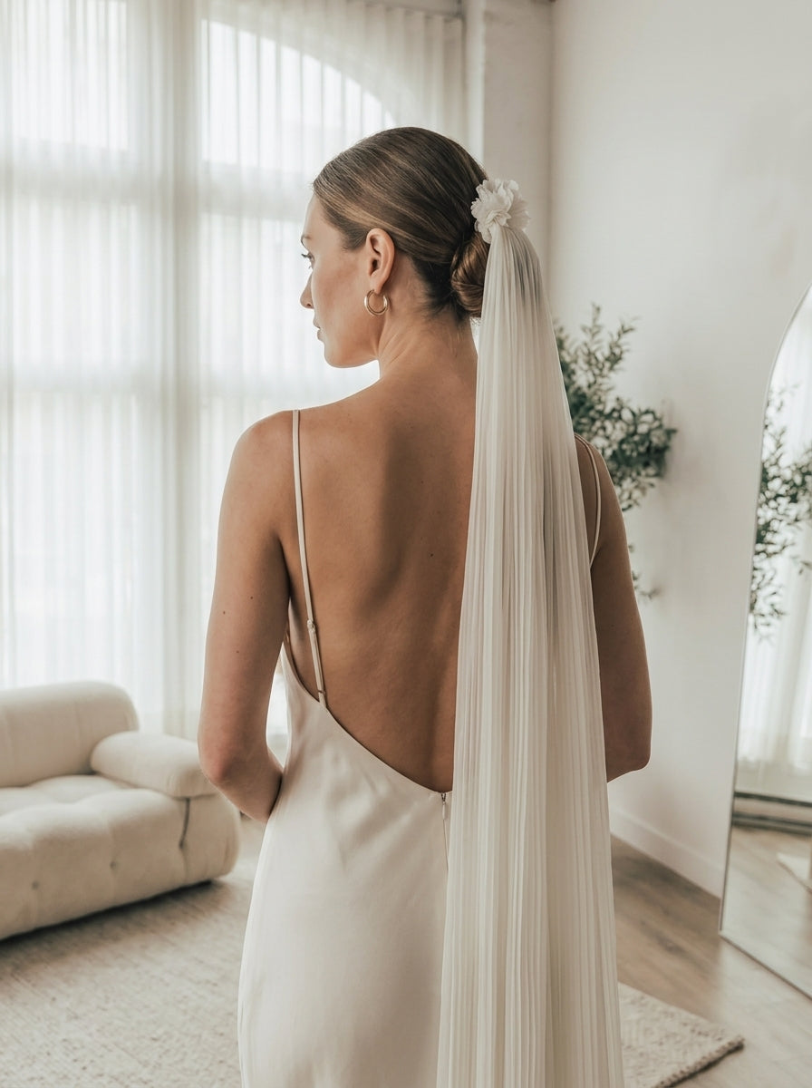Effortless Crinkled Silk-Feel Bridal Veil with Ruffled Petal Headband - Soft Textured Cascading Wedding Veil, Boho Floor-Sweeping Elopement Veil  LUNA-X363