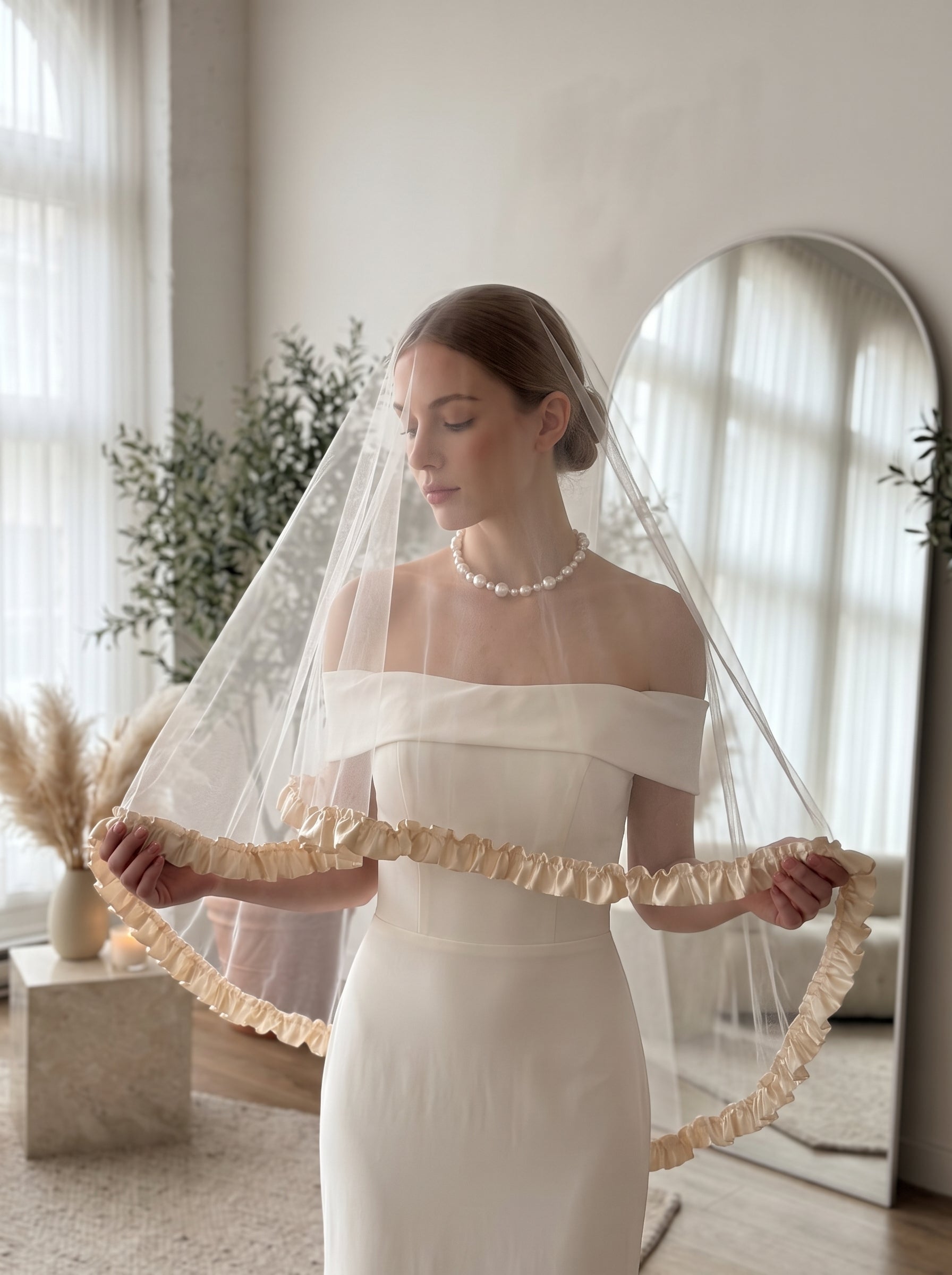Romantic Double-Tier Champagne Ruffle Bridal Veil - Pleated Satin Trim Coquette Wedding Veil, Voluminous Mid-Length Vintage Balcore Veil  LUNA-X364
