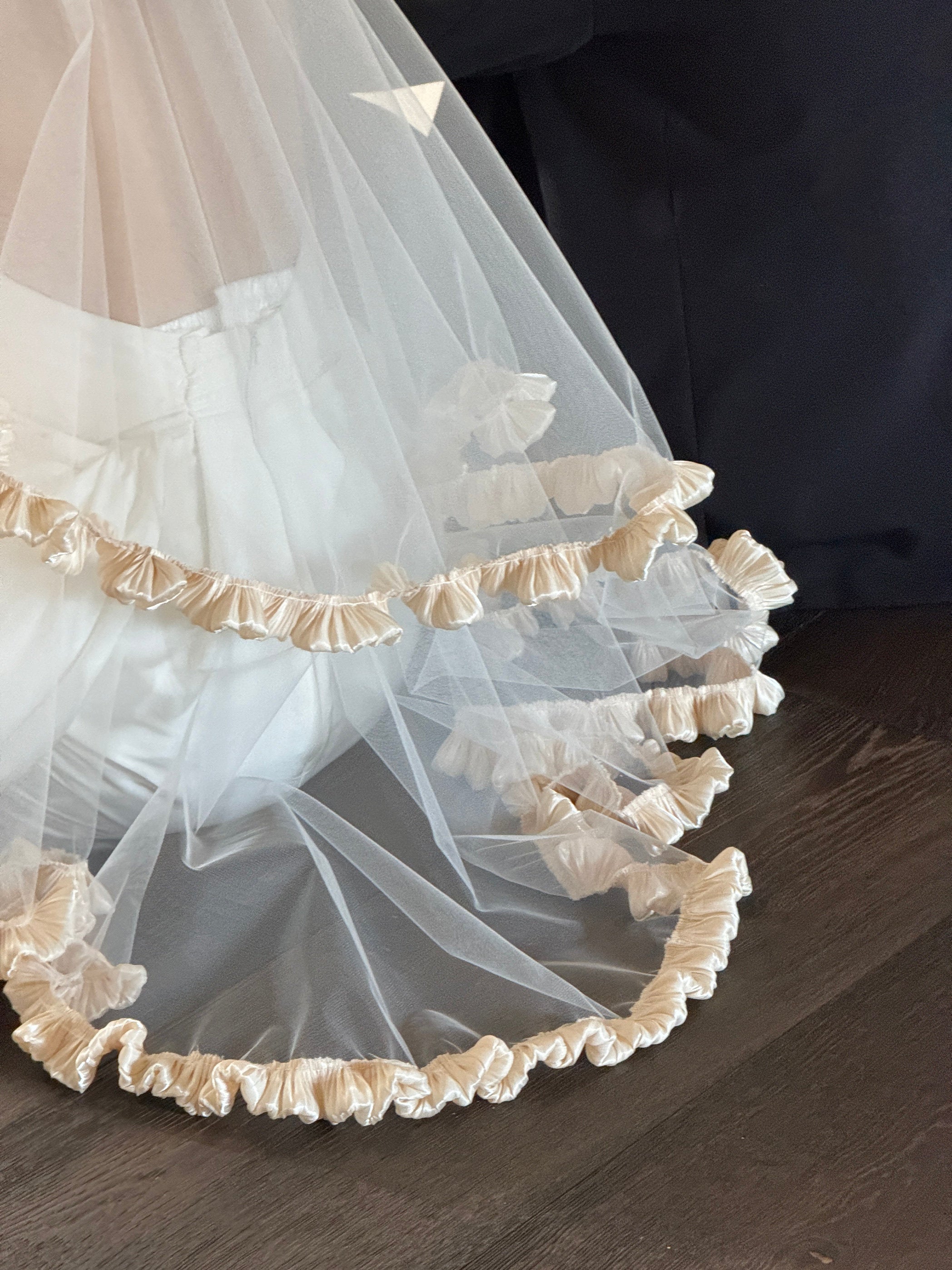 Romantic Double-Tier Champagne Ruffle Bridal Veil - Pleated Satin Trim Coquette Wedding Veil, Voluminous Mid-Length Vintage Balcore Veil  LUNA-X364