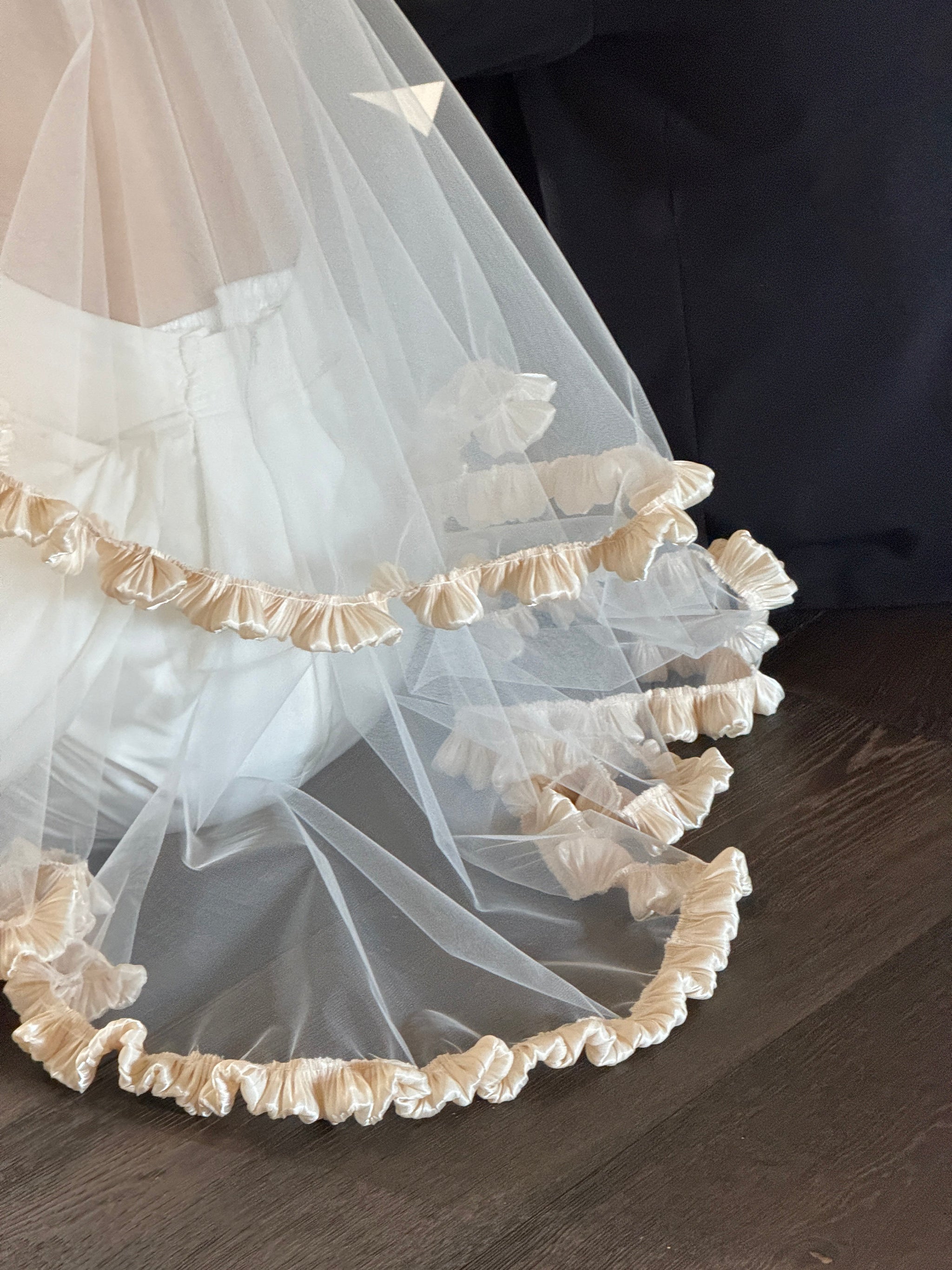 Romantic Double-Tier Champagne Ruffle Bridal Veil - Pleated Satin Trim Coquette Wedding Veil, Voluminous Mid-Length Vintage Balcore Veil  LUNA-X364