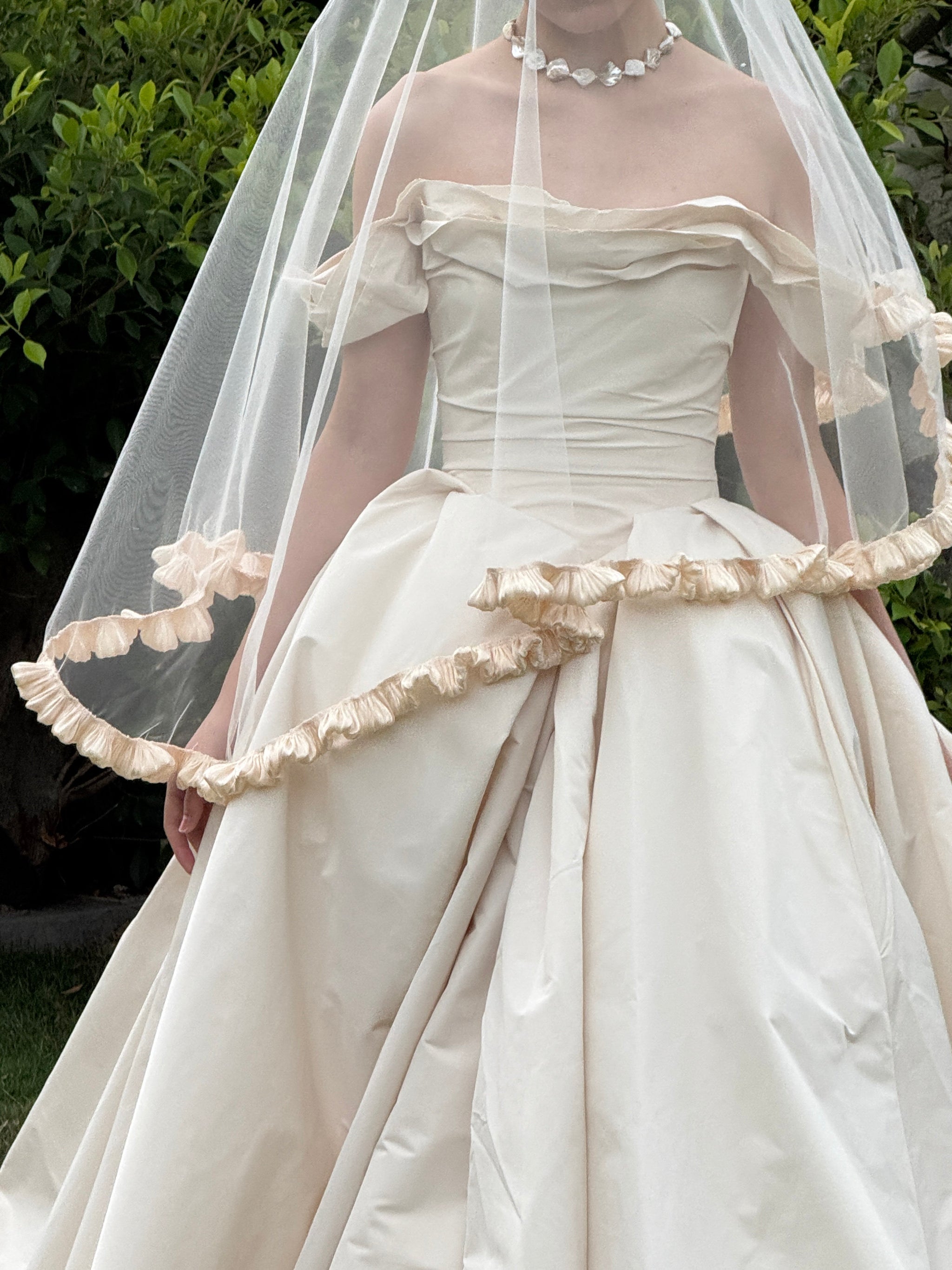 Romantic Double-Tier Champagne Ruffle Bridal Veil - Pleated Satin Trim Coquette Wedding Veil, Voluminous Mid-Length Vintage Balcore Veil  LUNA-X364