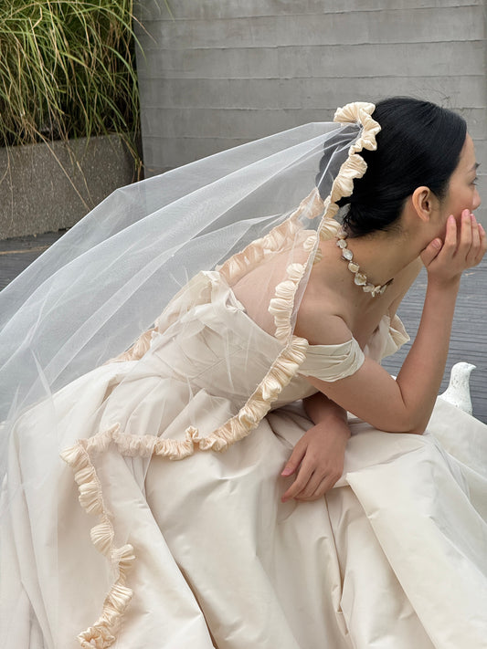 Romantic Double-Tier Champagne Ruffle Bridal Veil - Pleated Satin Trim Coquette Wedding Veil, Voluminous Mid-Length Vintage Balcore Veil  LUNA-X364
