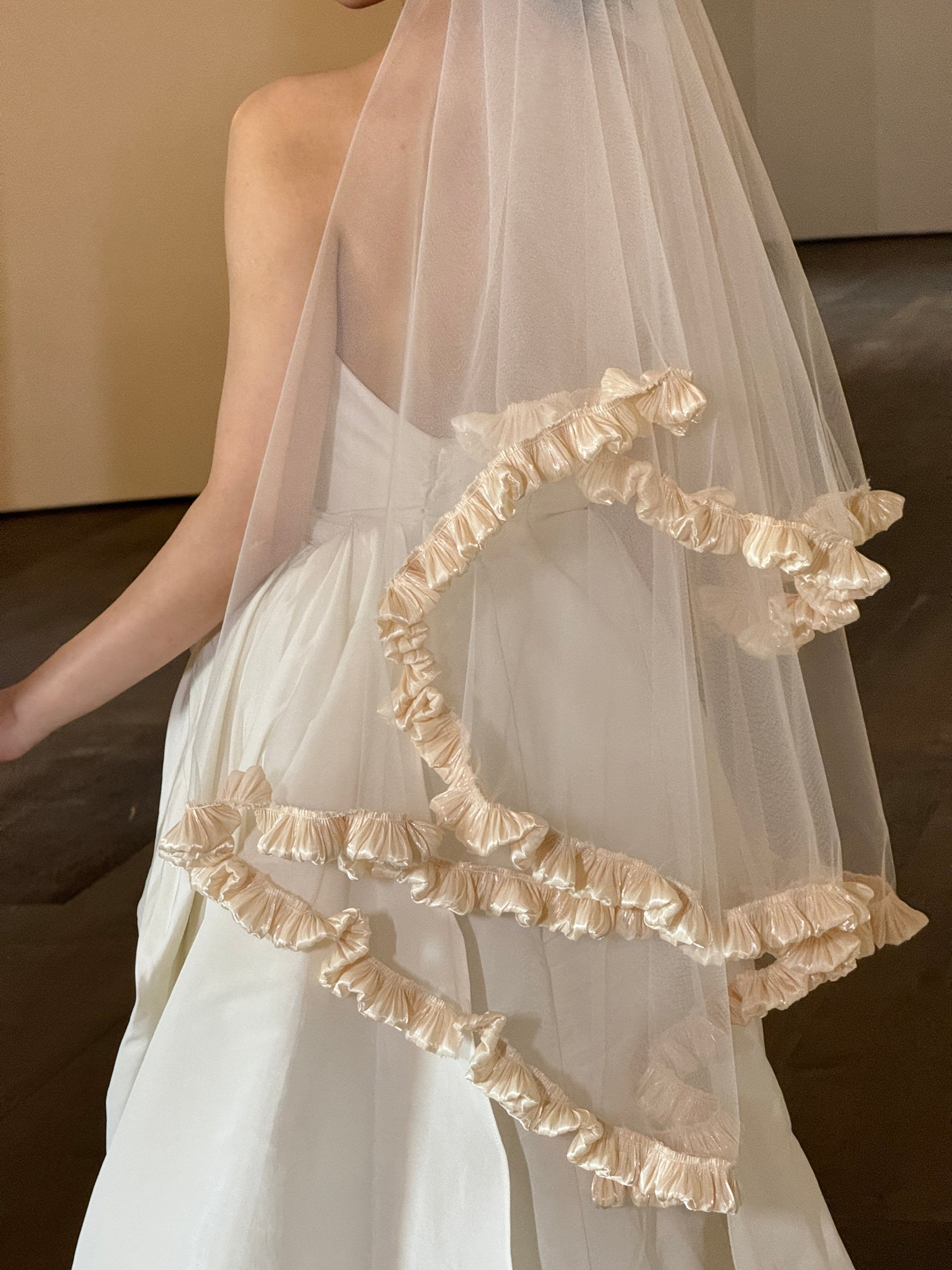 Romantic Double-Tier Champagne Ruffle Bridal Veil - Pleated Satin Trim Coquette Wedding Veil, Voluminous Mid-Length Vintage Balcore Veil  LUNA-X364